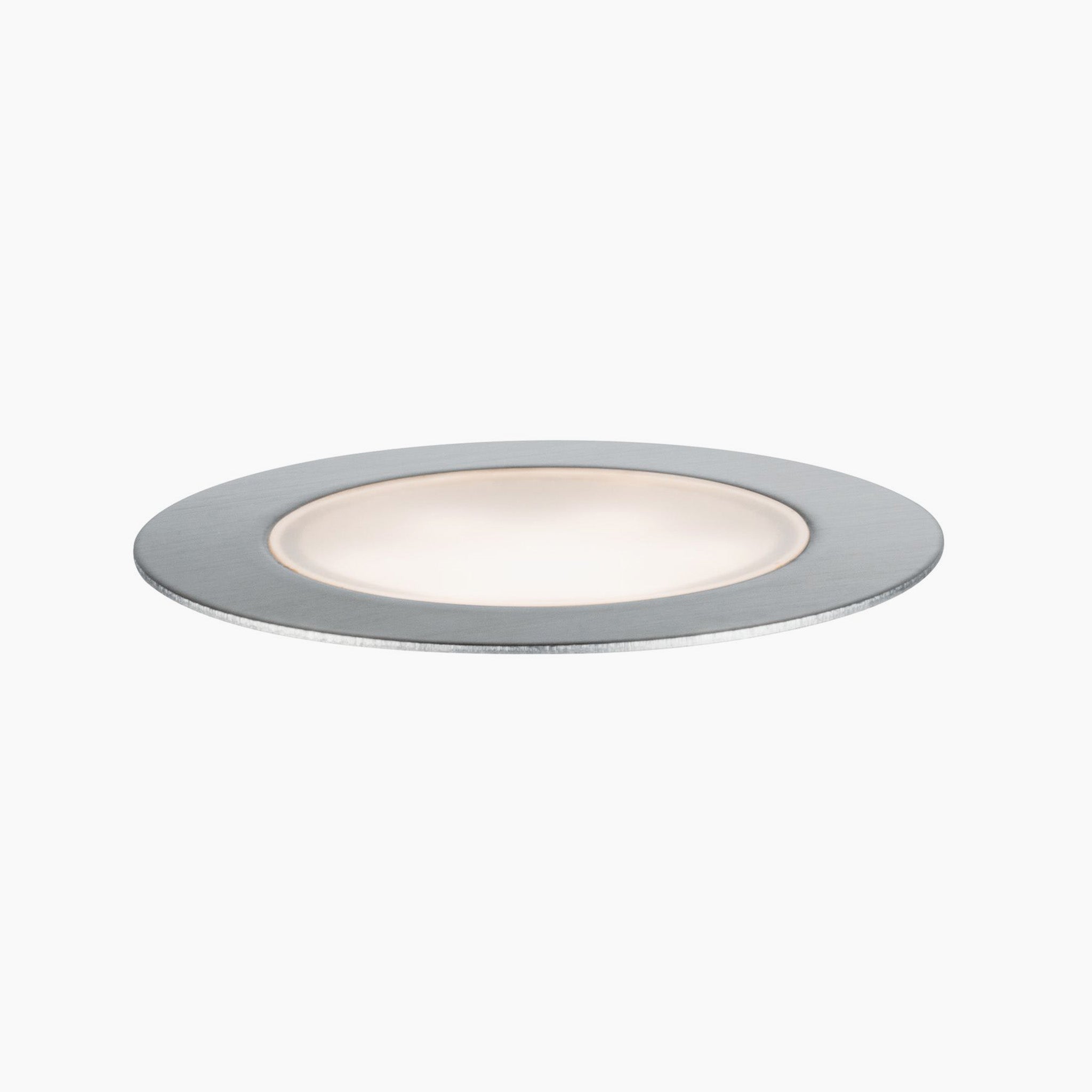 Paulmann's Plug & Shine Outdoor 2W LED Recessed Floor Individual Eco Spotlight in silver, featuring a recessed LED design with a luminous center, is ideal for water jet protection in outdoor spaces.