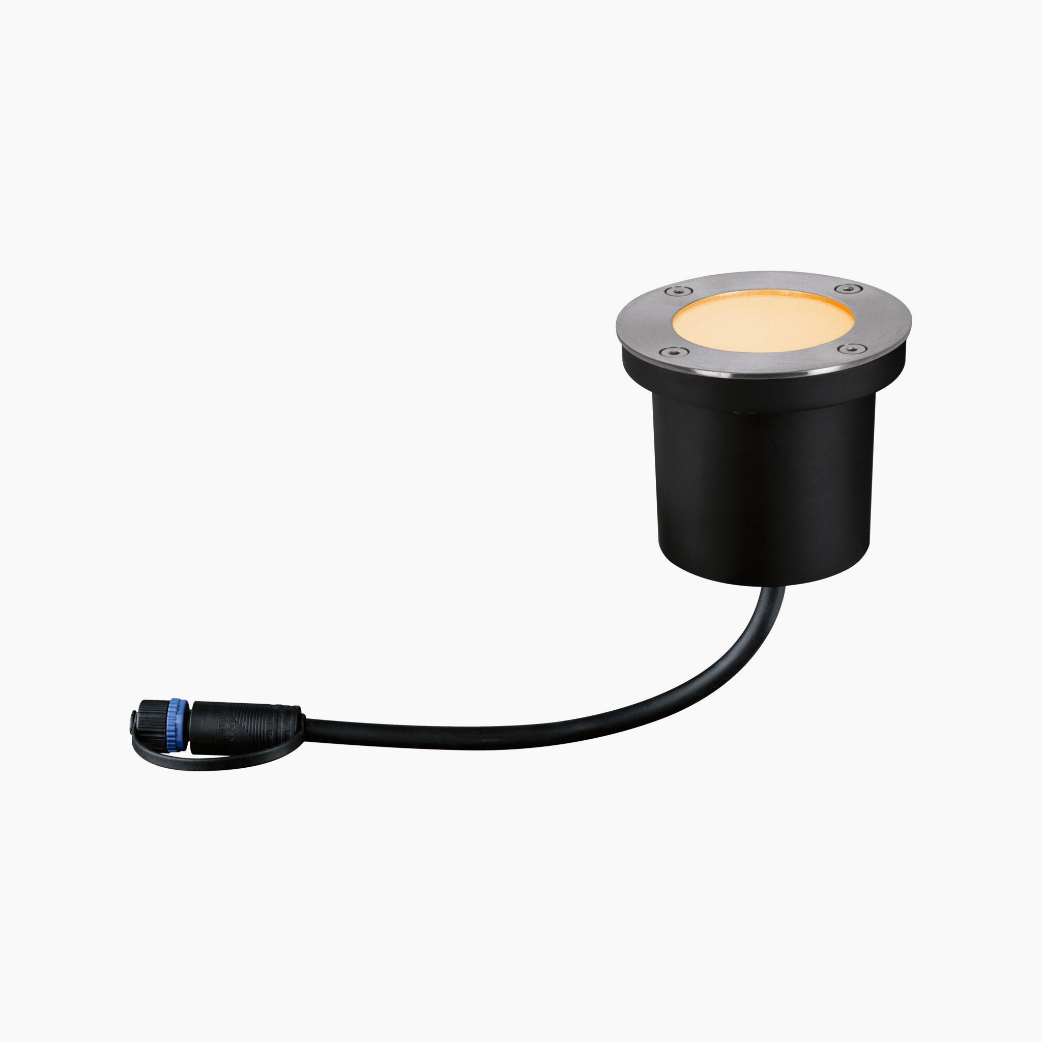 The Paulmann - Plug & Shine Insect Friendly Outdoor 4.5W LED Recessed Floor Individual Spotlight in Anthracite, displayed on a white background, features an insect-friendly, warm white light design with its black casing and attached cable.
