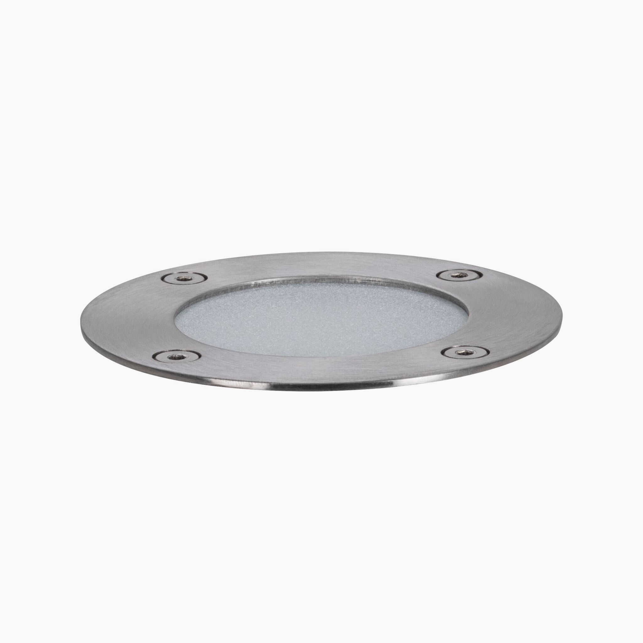 The Paulmann - Plug & Shine Insect Friendly Outdoor 4.5W LED Recessed Floor Individual Spotlight in Anthracite is a round stainless steel spotlight with a frosted glass center and four rim screws, providing an insect-friendly warm white light.