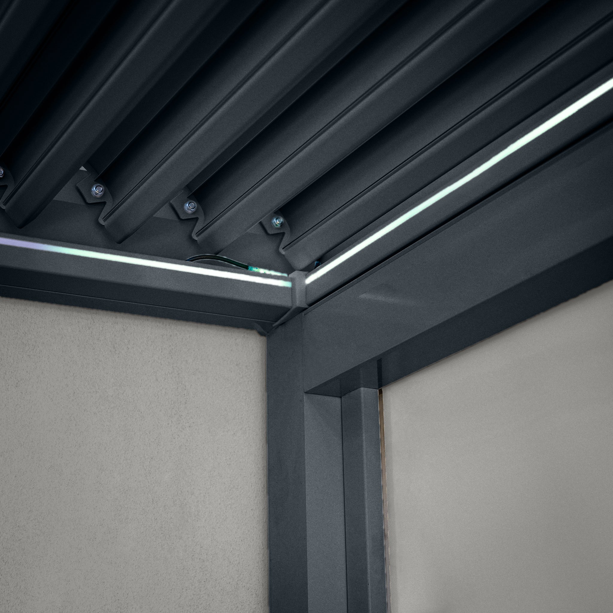 PergoSTET 3m x 3m Square Wall Mounted Pergola with 3 Drop Sides and LED Lighting in Grey