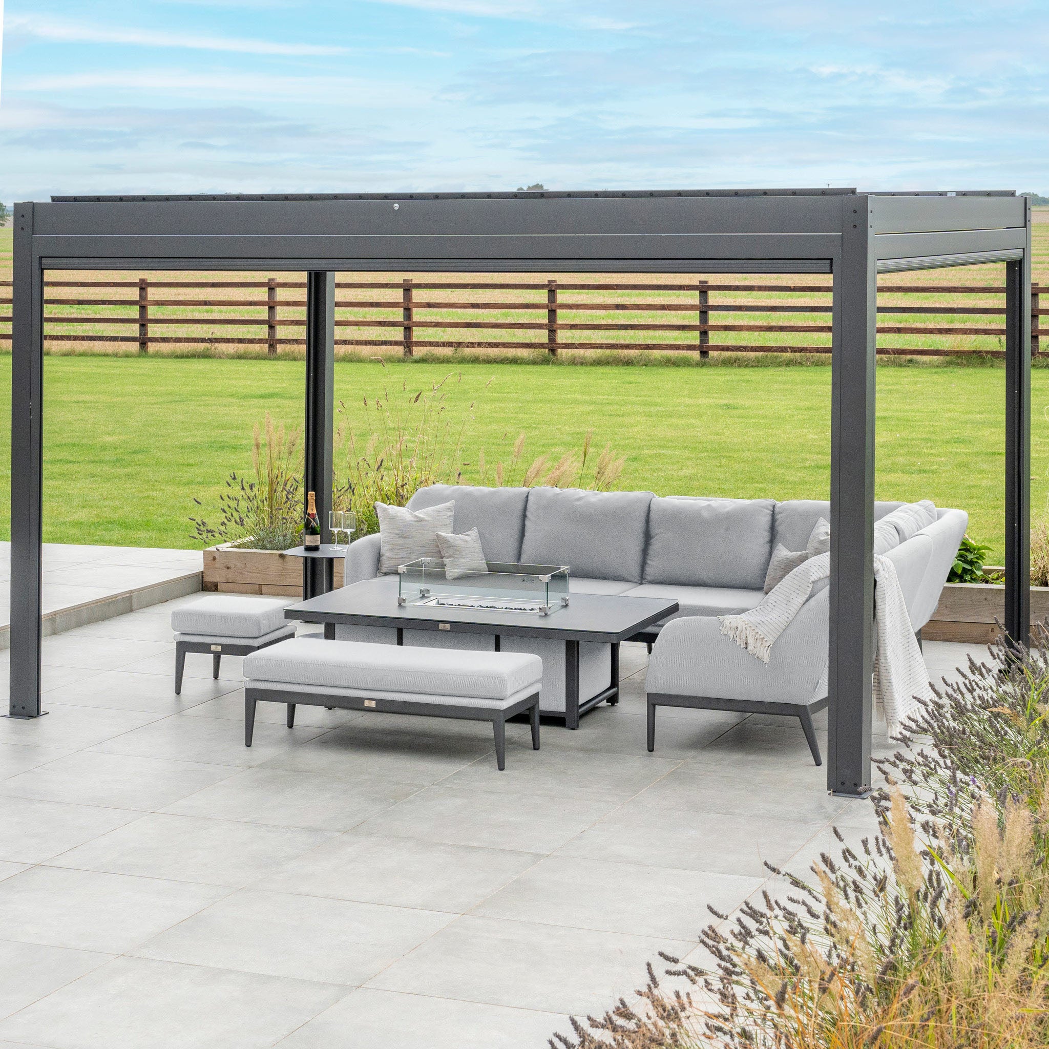 Luna Outdoor Fabric Rectangular Corner Dining Set with Rising Firepit Table in Oyster Grey (Right Hand)