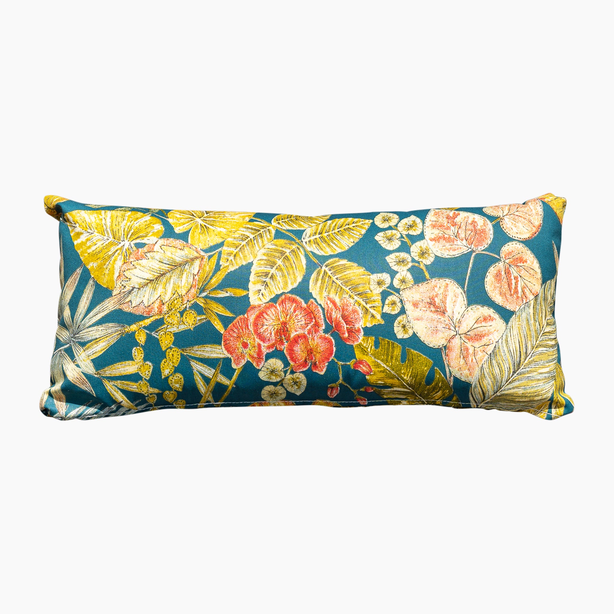 The Acrisol Bouquet Petrol Bolster Scatter Cushion - 60cm x 30cm features a colorful botanical print with various leaves and flowers on a blue background, made from durable solution-dyed acrylic. This rectangular cushion is perfect for outdoor use.