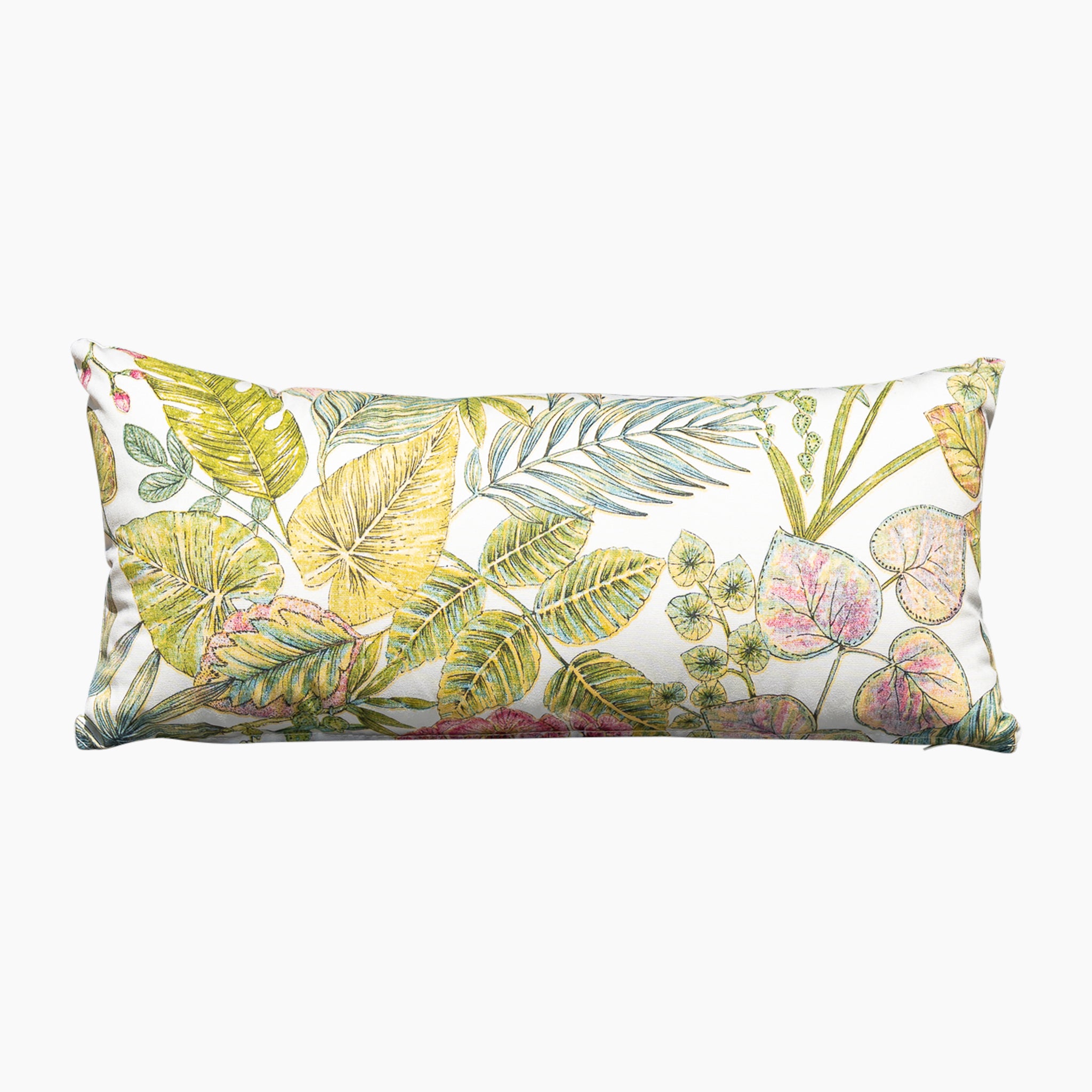 The Acrisol Bouquet Multi Bolster Scatter Cushion, measuring 60cm x 30cm, is a rectangular pillow with a vibrant botanical print showcasing various leaves and plants on a white background, making it perfect as an outdoor scatter cushion.