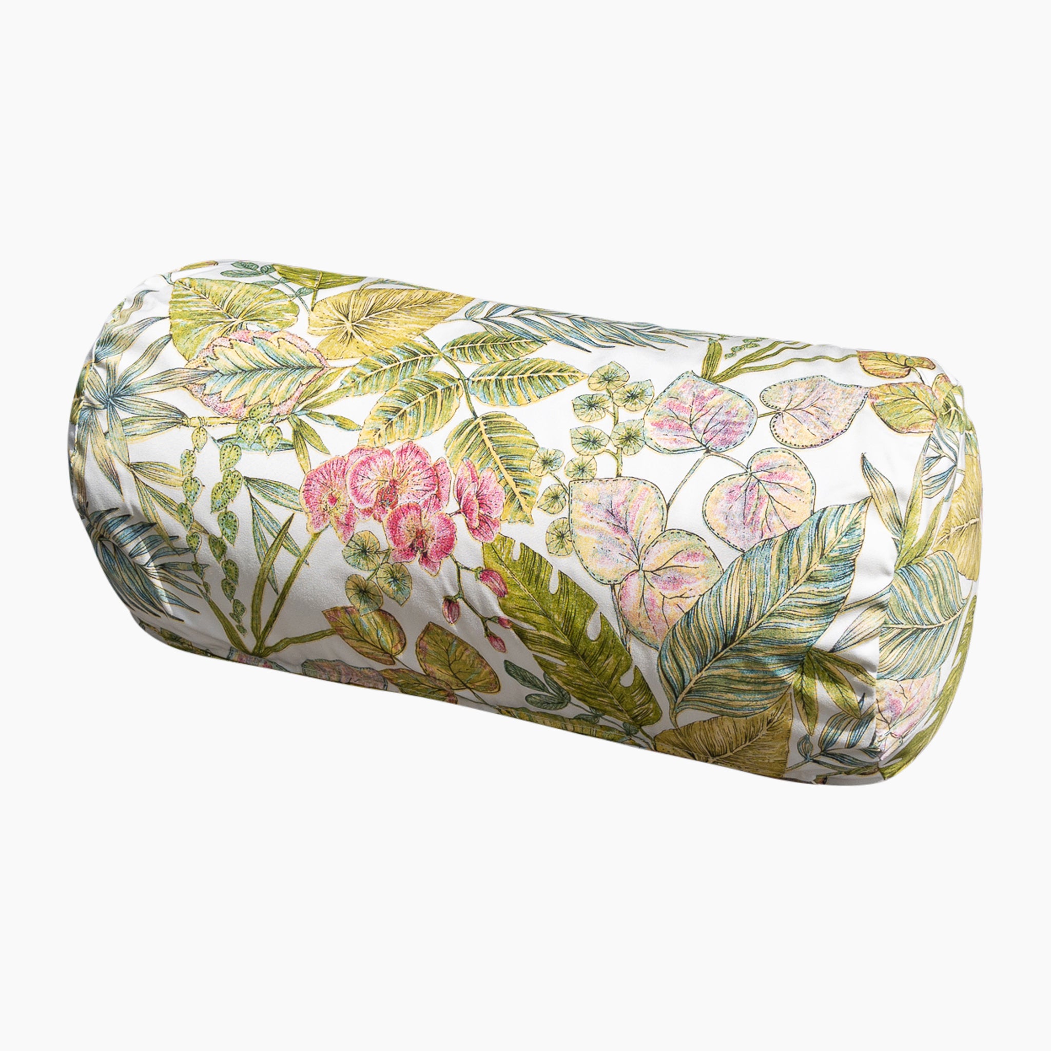 The Acrisol Bouquet Multi Large Round Bolster Floor Cushion, measuring 72cm x 35cm, features a colorful floral and leaf pattern on a white background and is made from solution-dyed acrylic for durability.