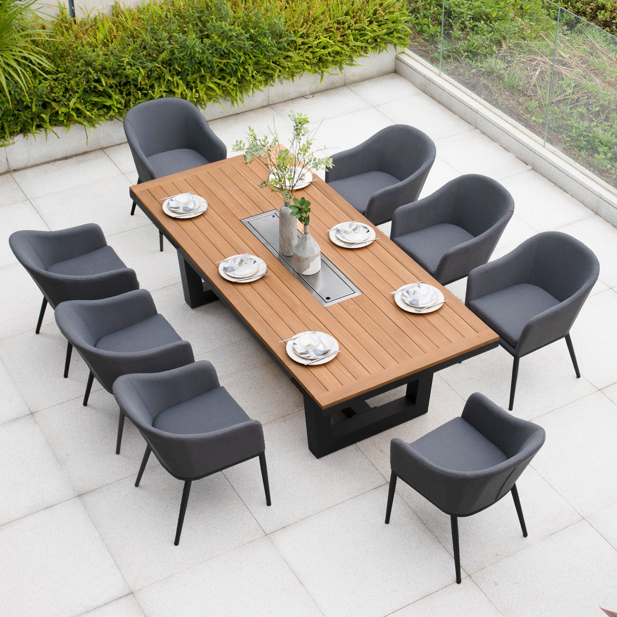 Luna 8 Seat Outdoor Fabric Rectangular Teak Firepit Dining Set in Grey