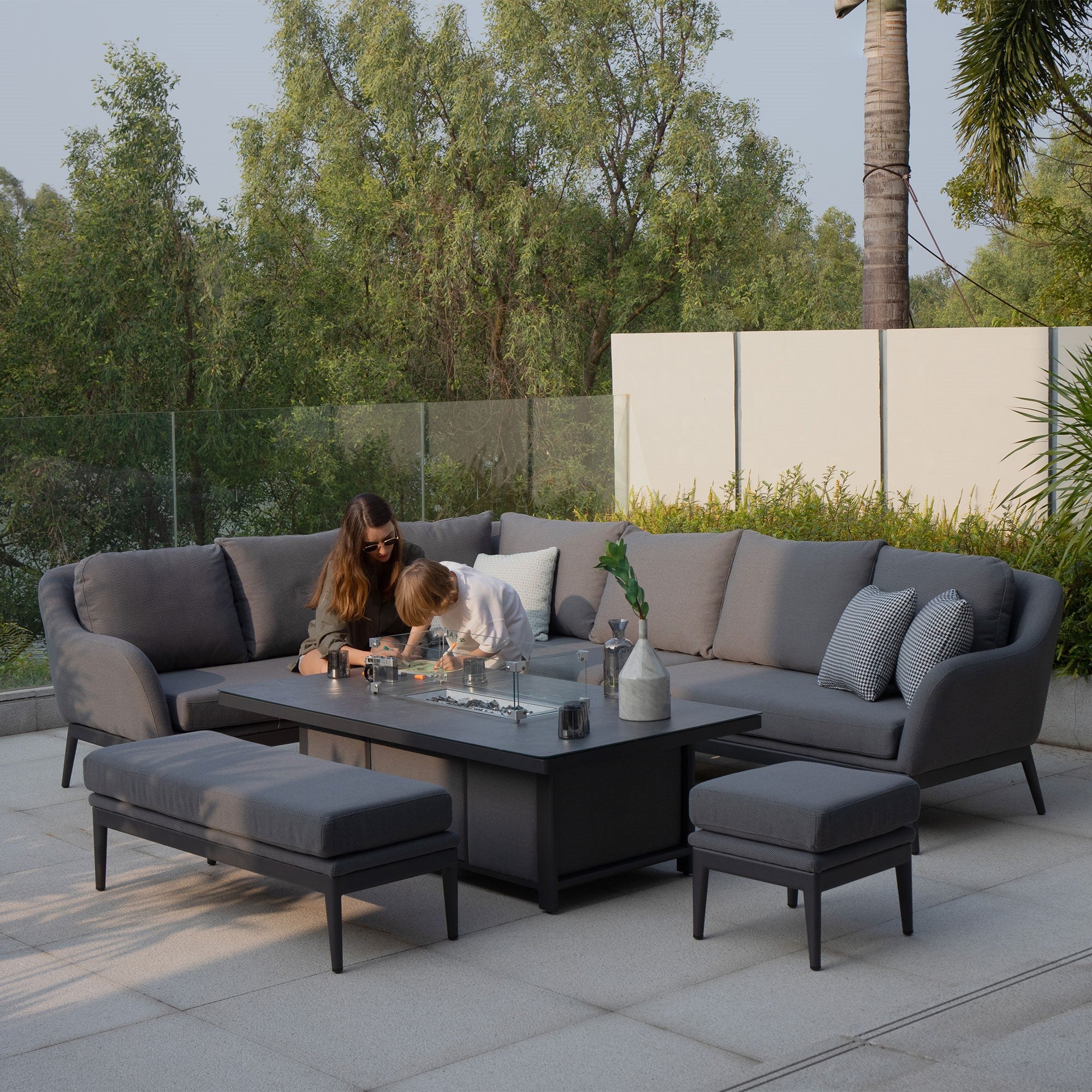 Luna Outdoor Fabric Rectangular Corner Dining Set with Rising Firepit Table in Grey (Left Hand)