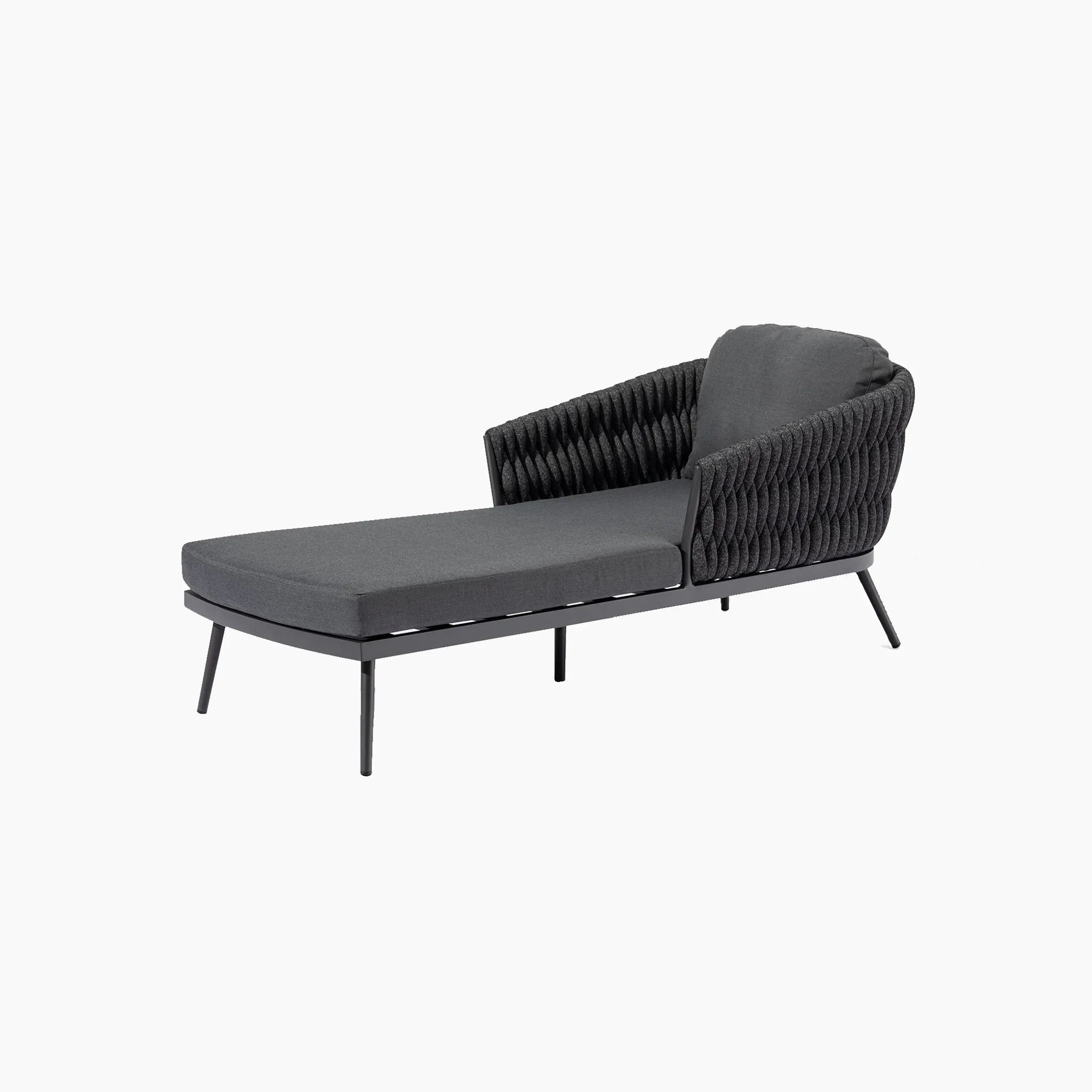 A modern grey chaise lounge with curved, woven backrest and black metal legs on a white background.