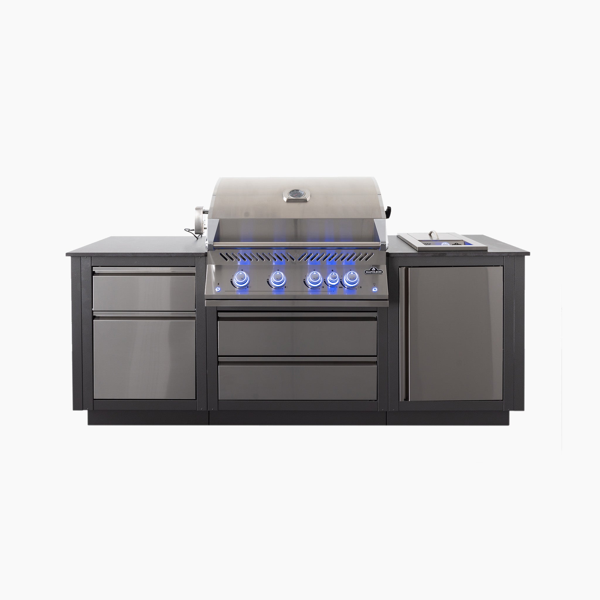 Sleek outdoor kitchen unit with built-in stainless steel grill, storage cabinets, and illuminated control knobs.