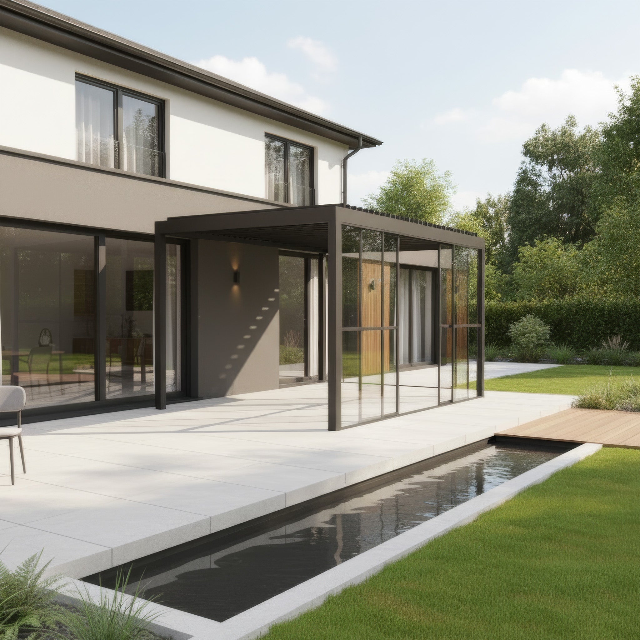 Modern outdoor seating area with grey sofa set under a pergola, next to a brick house with large glass doors.