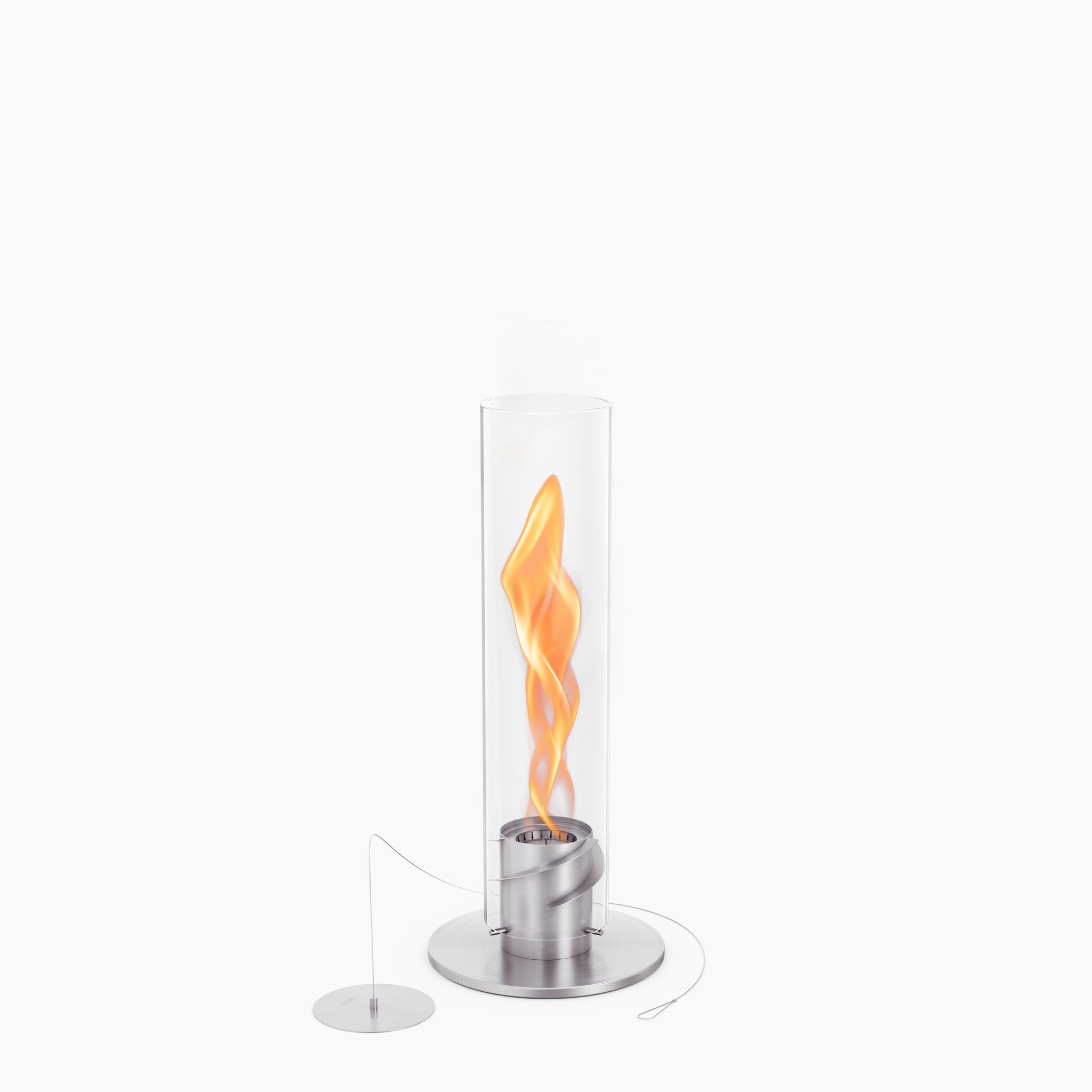 The Höfats SPIN 900 Tabletop Fireplace Silver is a modern glass fire lantern with a spiraling flame and a round metal base, featuring a decorative glass cylinder and including a circular extinguisher, powered by clean-burning bioethanol.