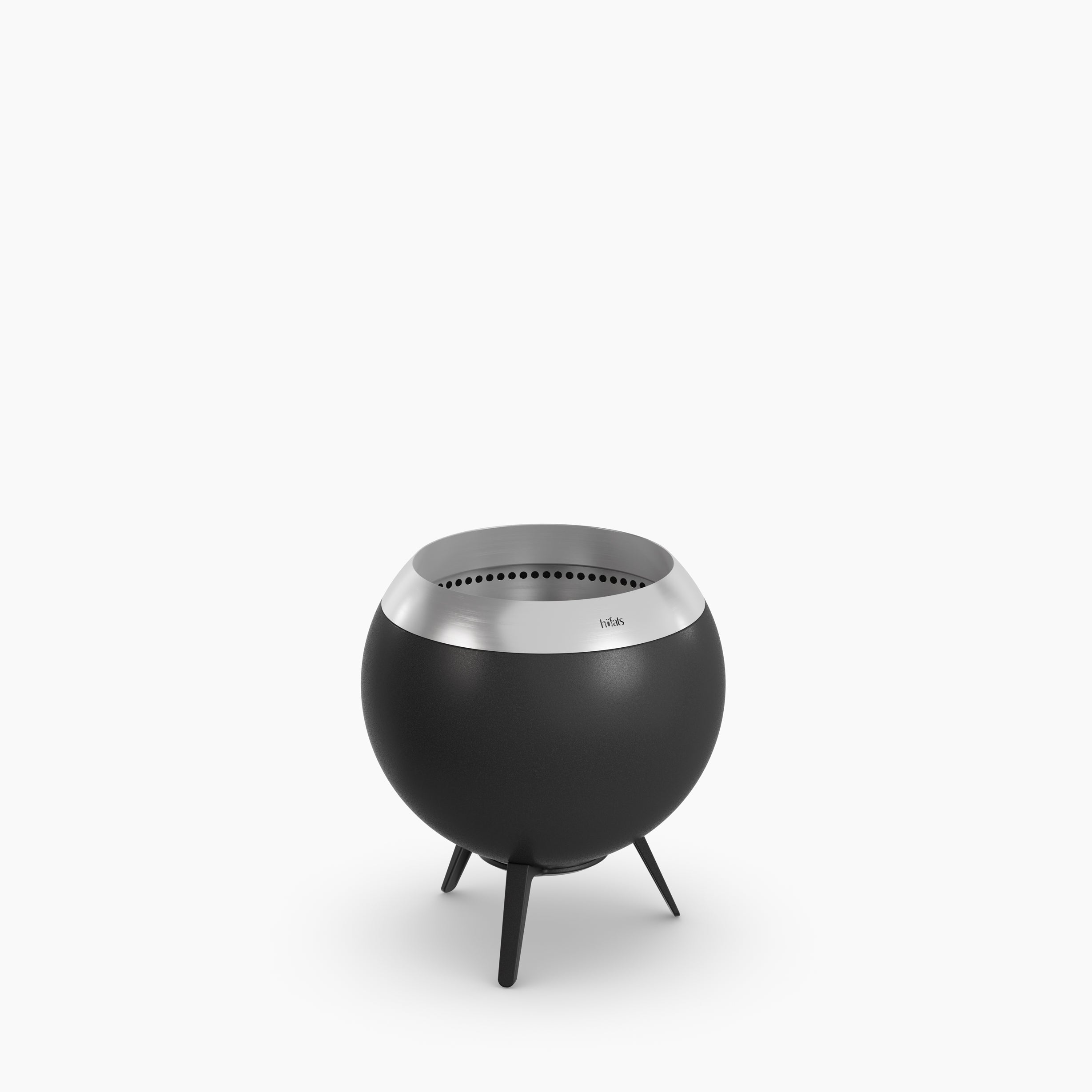A modern, black Höfats MOON 45 Fire Bowl with a low stand and a silver top against a white background.