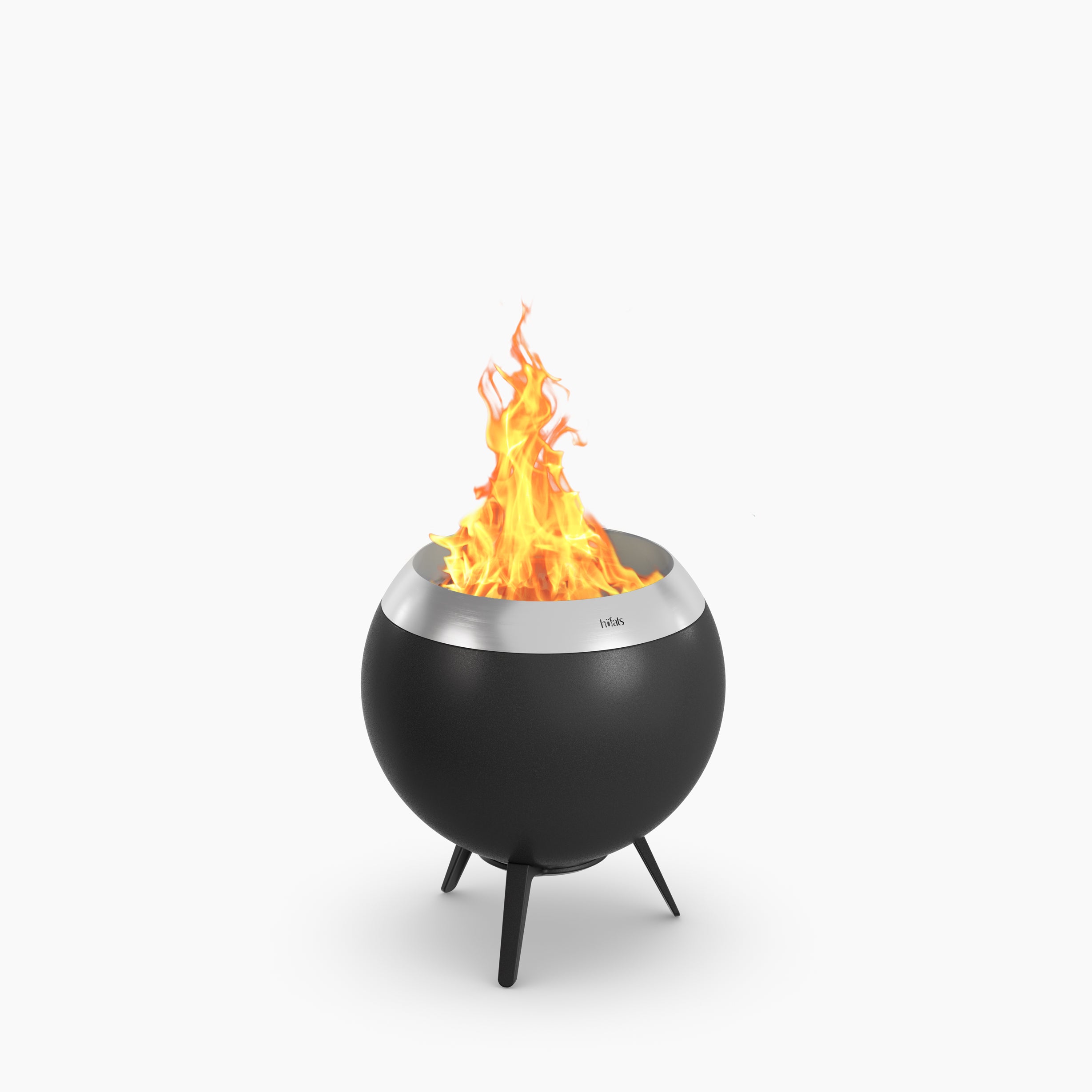 A Höfats MOON 45 Fire Bowl with Low Stand, featuring a black fire art piece with flames rising from the top, standing on three legs.