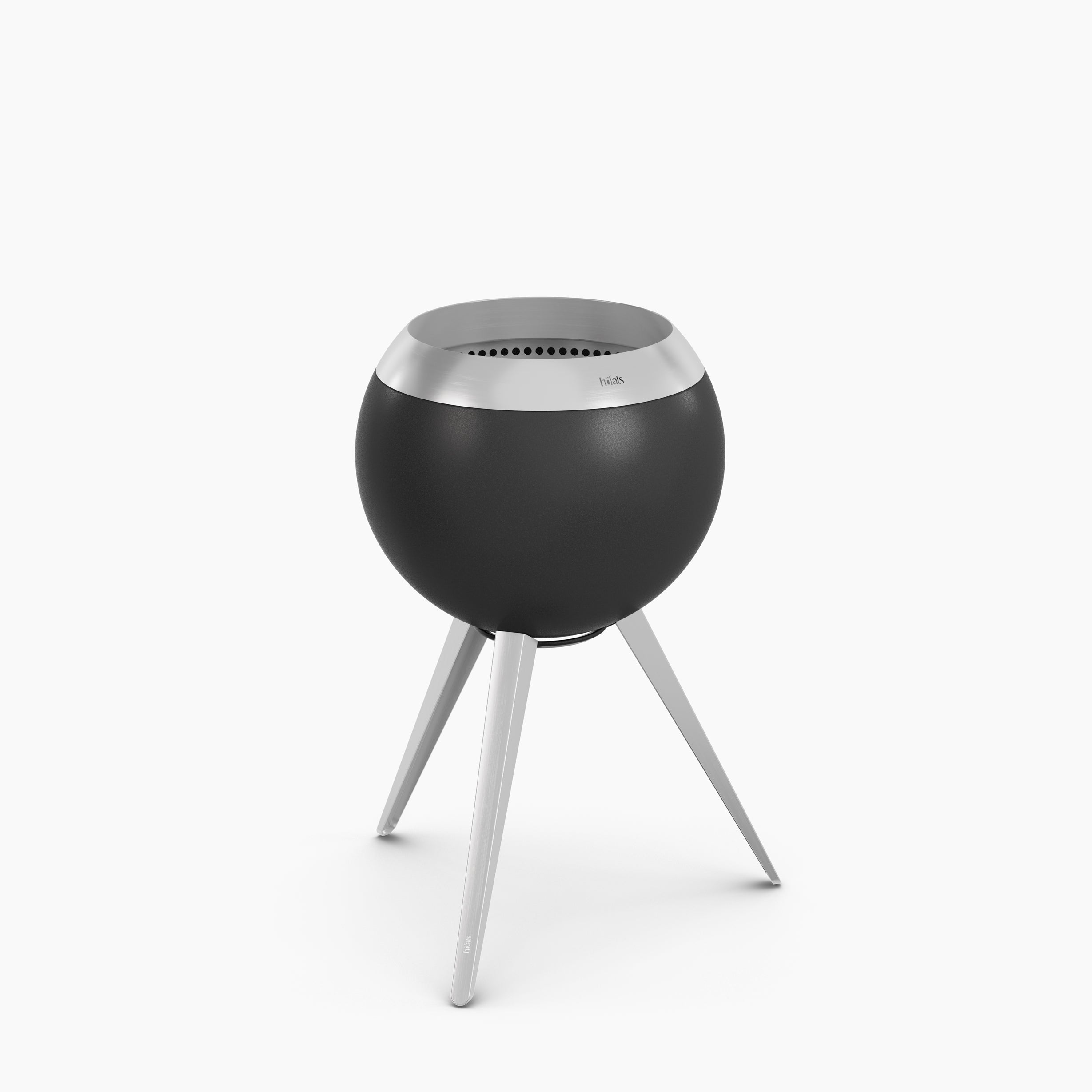 Modern, round Höfats MOON 45 Fire Bowl with a metallic top lid, standing on three silver tripod legs. This sleek "black MOON of fire" features revolutionary combustion technology and advanced wood gasification for an efficient and eco-friendly cooking experience.