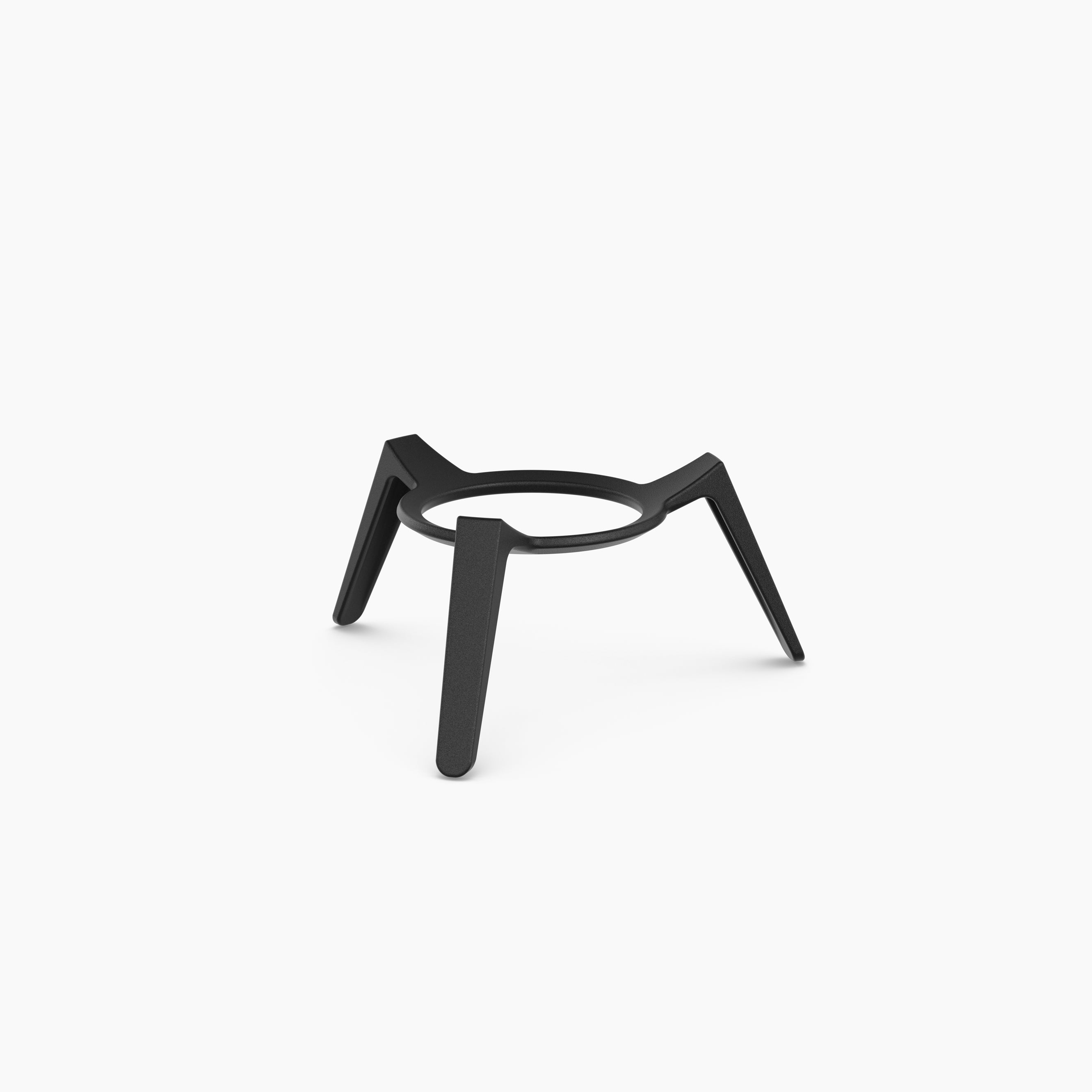 The Höfats MOON 45 Fire Bowl with Low Stand is a versatile, black metal tripod with three legs, ideal for holding small circular objects. It doubles as an environmentally friendly fire basket and features elegant black MOON fire art against a white background.