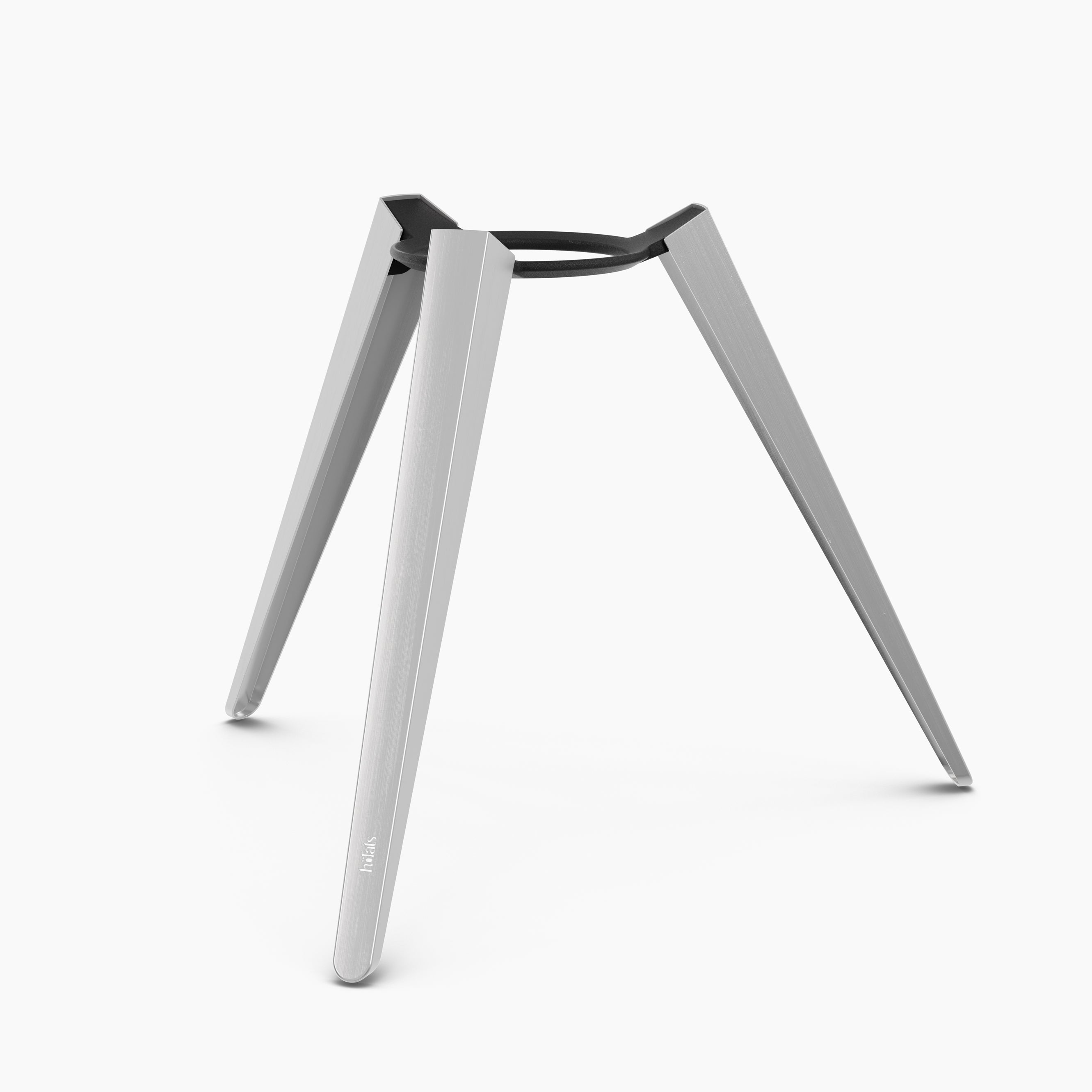 A sleek, minimalist Höfats MOON 45 Fire Bowl with High Stand, featuring a silver tripod structure and three gracefully tapered legs, stands as a futuristic marvel against a white background. Its subtle elegance silently echoes revolutionary combustion technology in its design.
