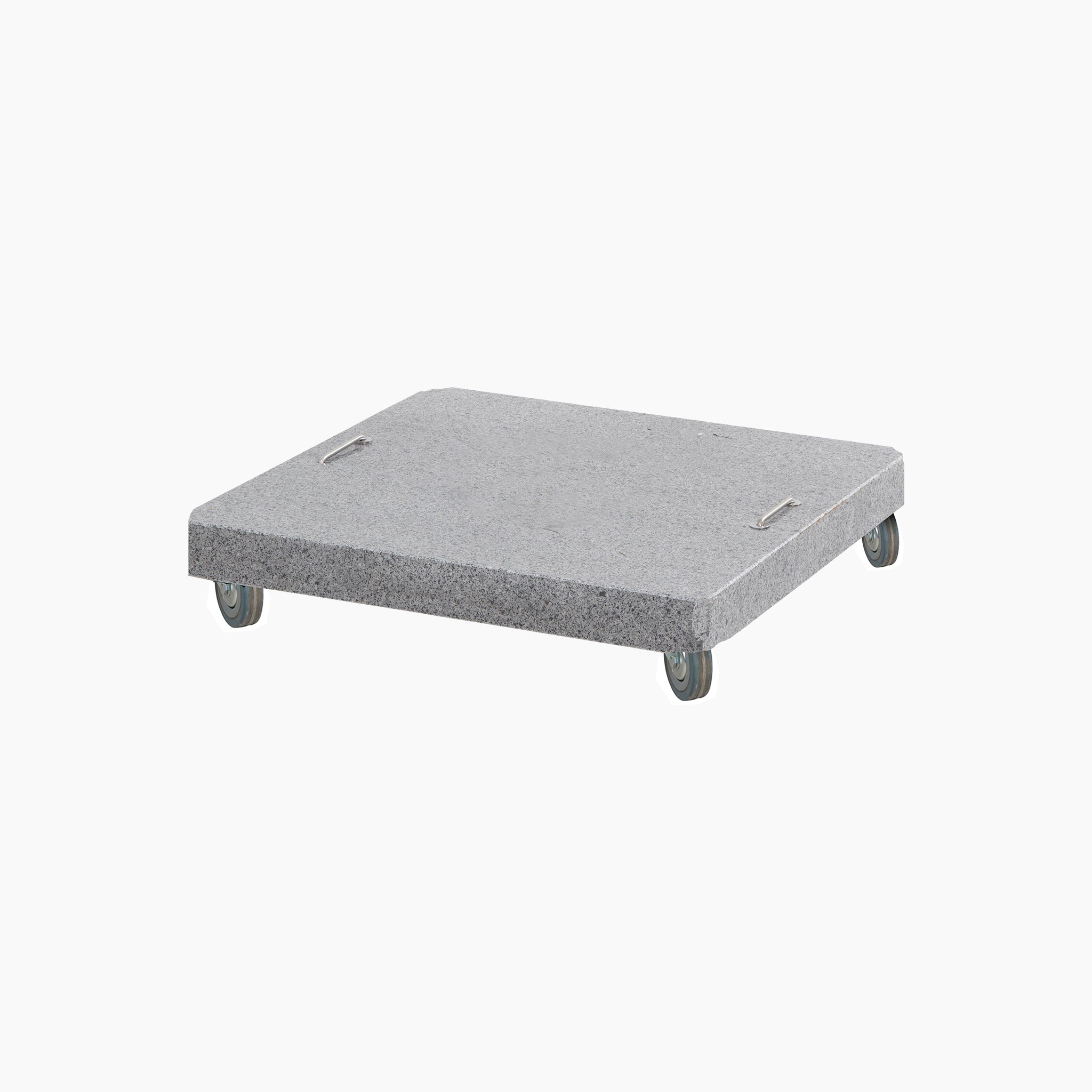 Gray flat dolly with four wheels and two handles on a white background, ideal for moving the Siesta 125kg Granite Base or outdoor parasol stands with cantilever designs.