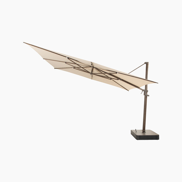 The Finca 4m x 3m Cantilever Parasol in Walnut, ideal for outdoor sun protection, is displayed with a black base against a plain white background.