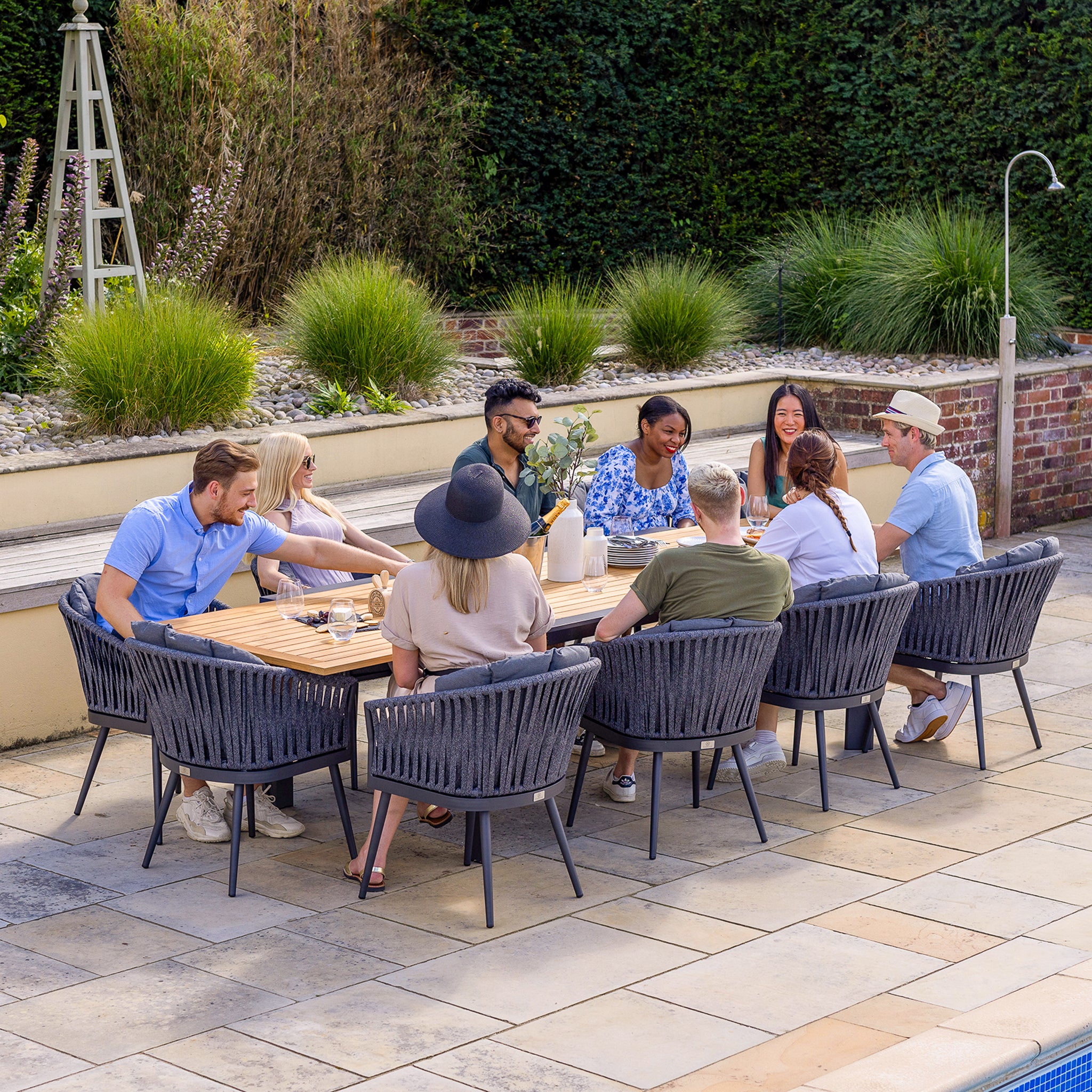 Monterrey 10 Seat Rope Extending Teak Dining Set in Grey
