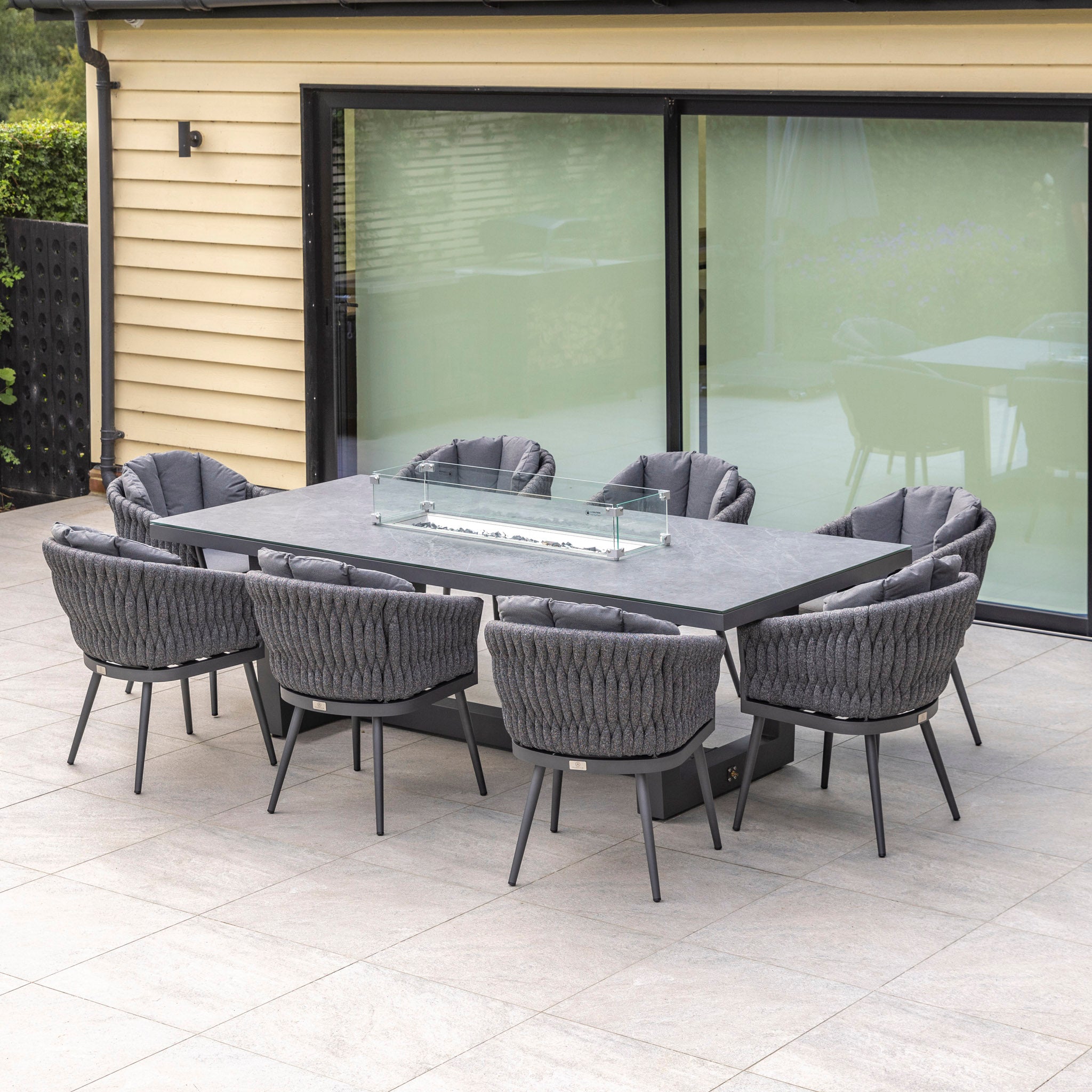 Palma 8 Seat Rope Rectangular Ceramic Firepit Dining Set in Grey