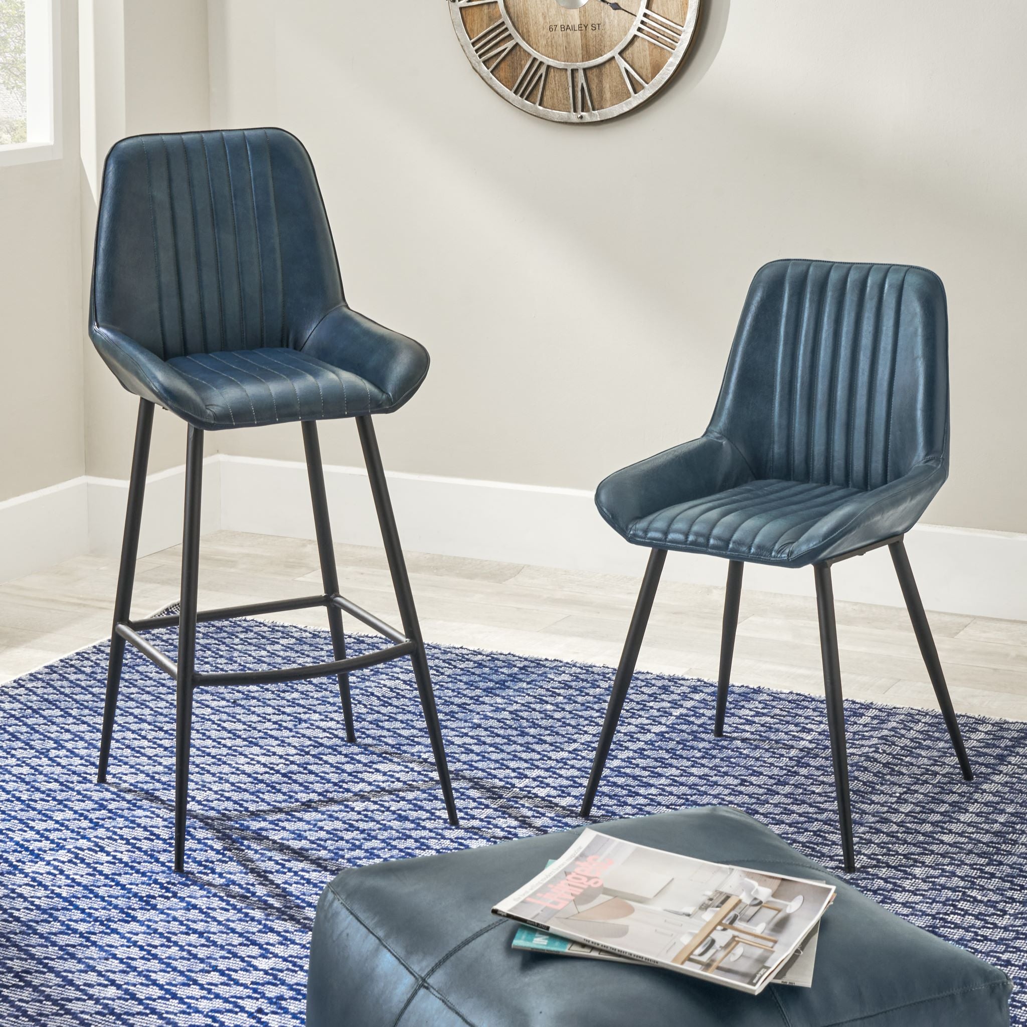 Angelo Leather and Iron Retro Dining Chair in Prussian Blue