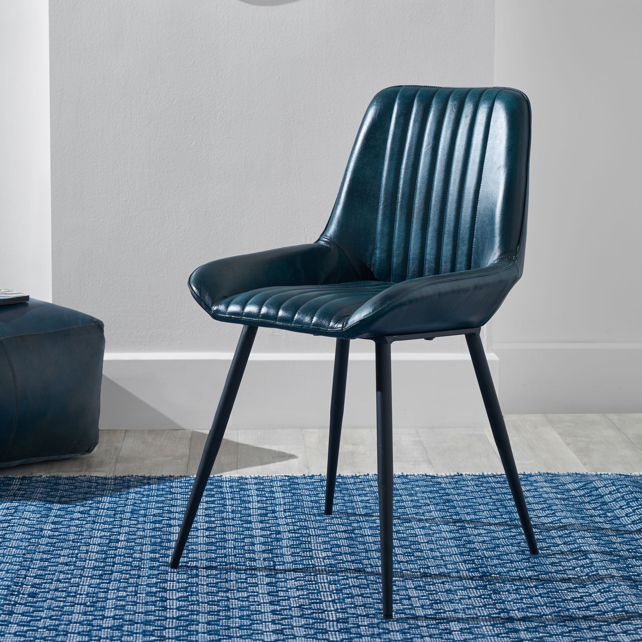 Angelo Leather and Iron Retro Dining Chair in Prussian Blue
