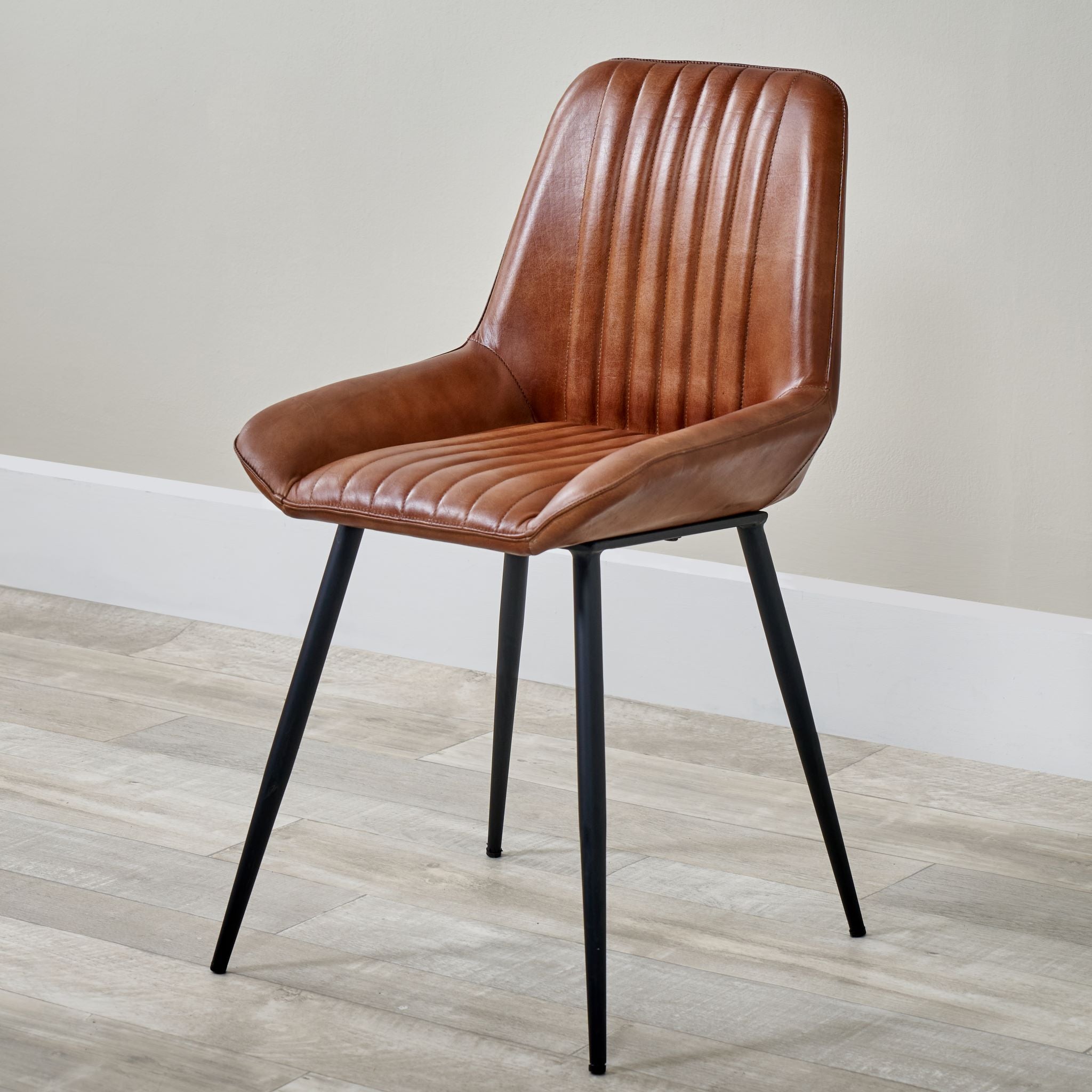 Angelo Leather and Iron Retro Dining Chair in Vintage Brown