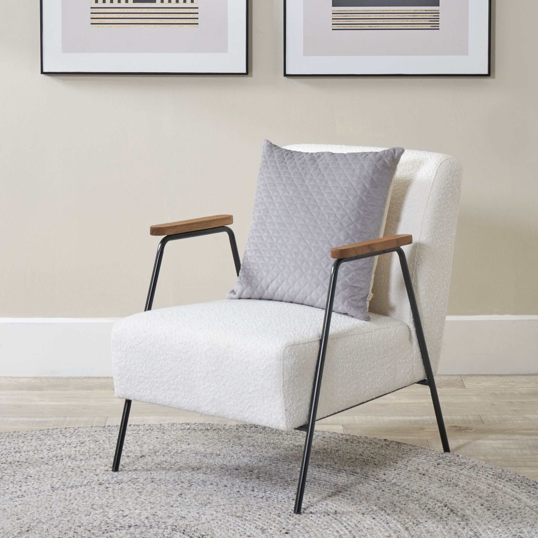 Matera Bouclé Chair With Black Legs and Wooden Arms