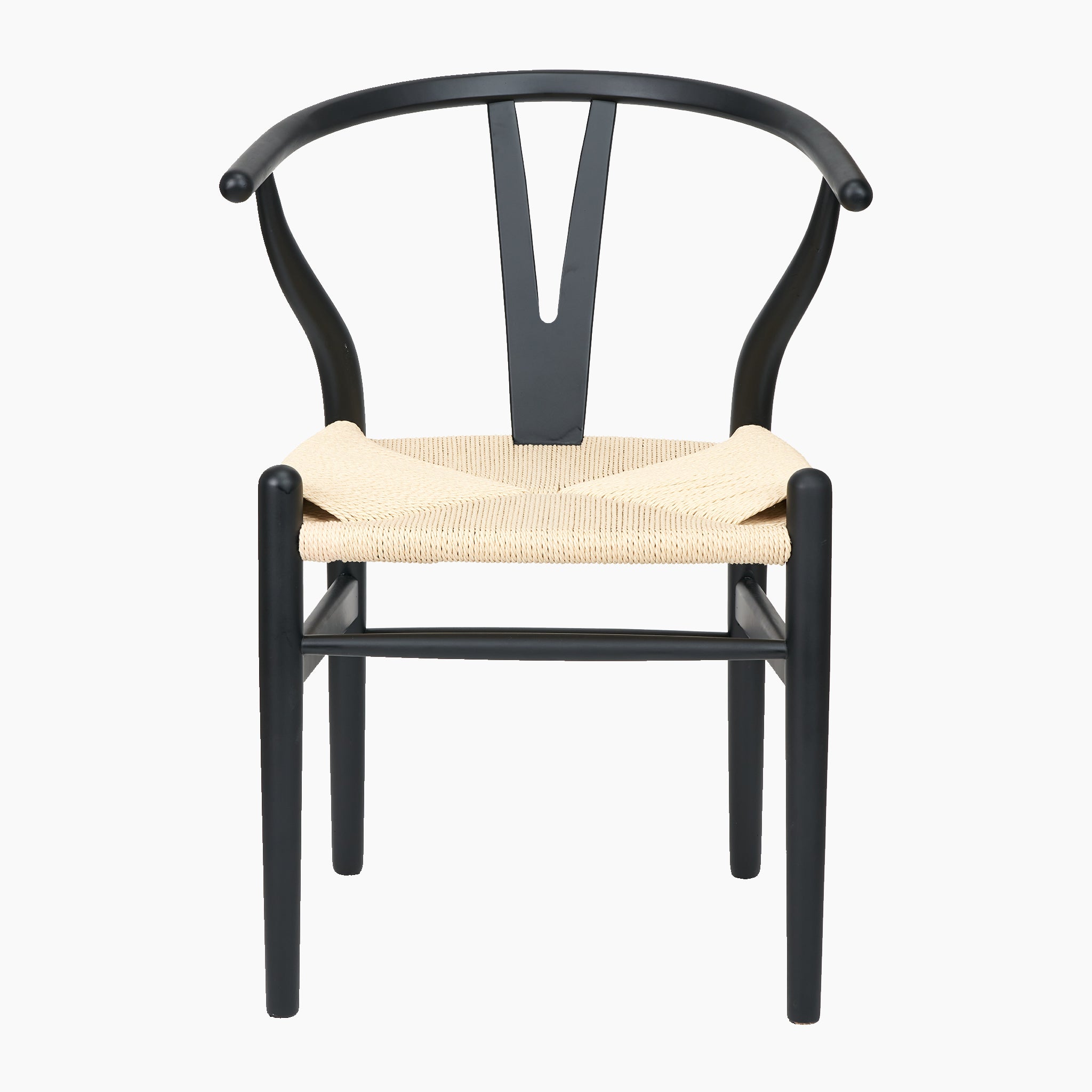 Explore the Pacific Lifestyle - Quinn Dining Chair, made from black beech wood. It has a Y-shaped backrest and a seat woven with natural beige rope, blending elegance and comfort.