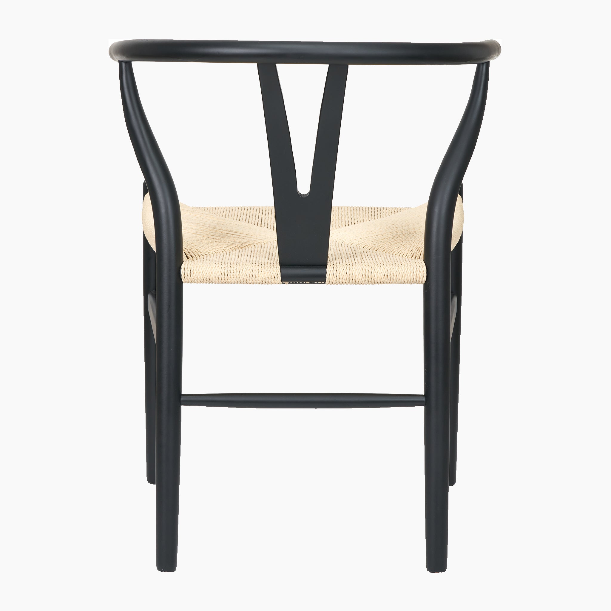 Back view of the Pacific Lifestyle - Quinn Dining Chair crafted from black beech wood, showcasing a woven natural rope seat and a curved Y-shaped backrest.