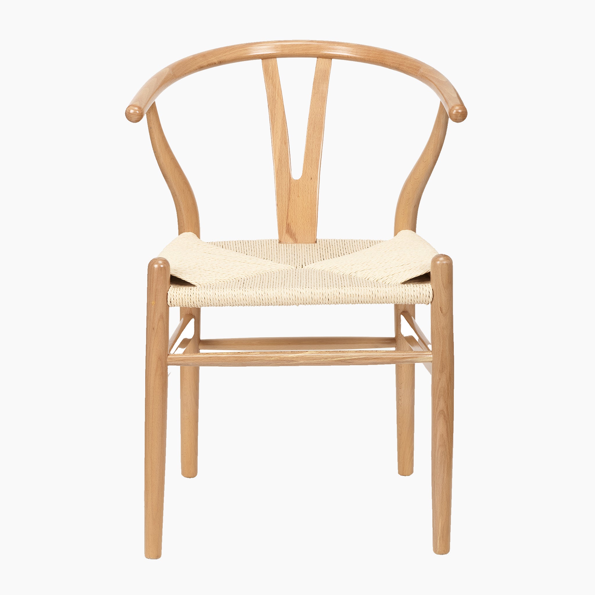 The Pacific Lifestyle - Quinn Dining Chair features a curving backrest and natural rope seat, highlighting the warm tones of beech wood. Its front view blends elegance with rustic charm.