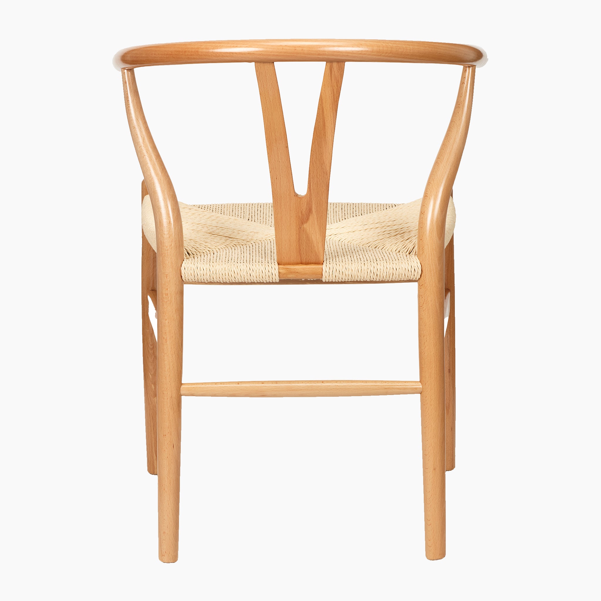 The Pacific Lifestyle Quinn Dining Chair features a beech wood frame with a natural rope seat and a distinctive Y-shaped curved backrest design.