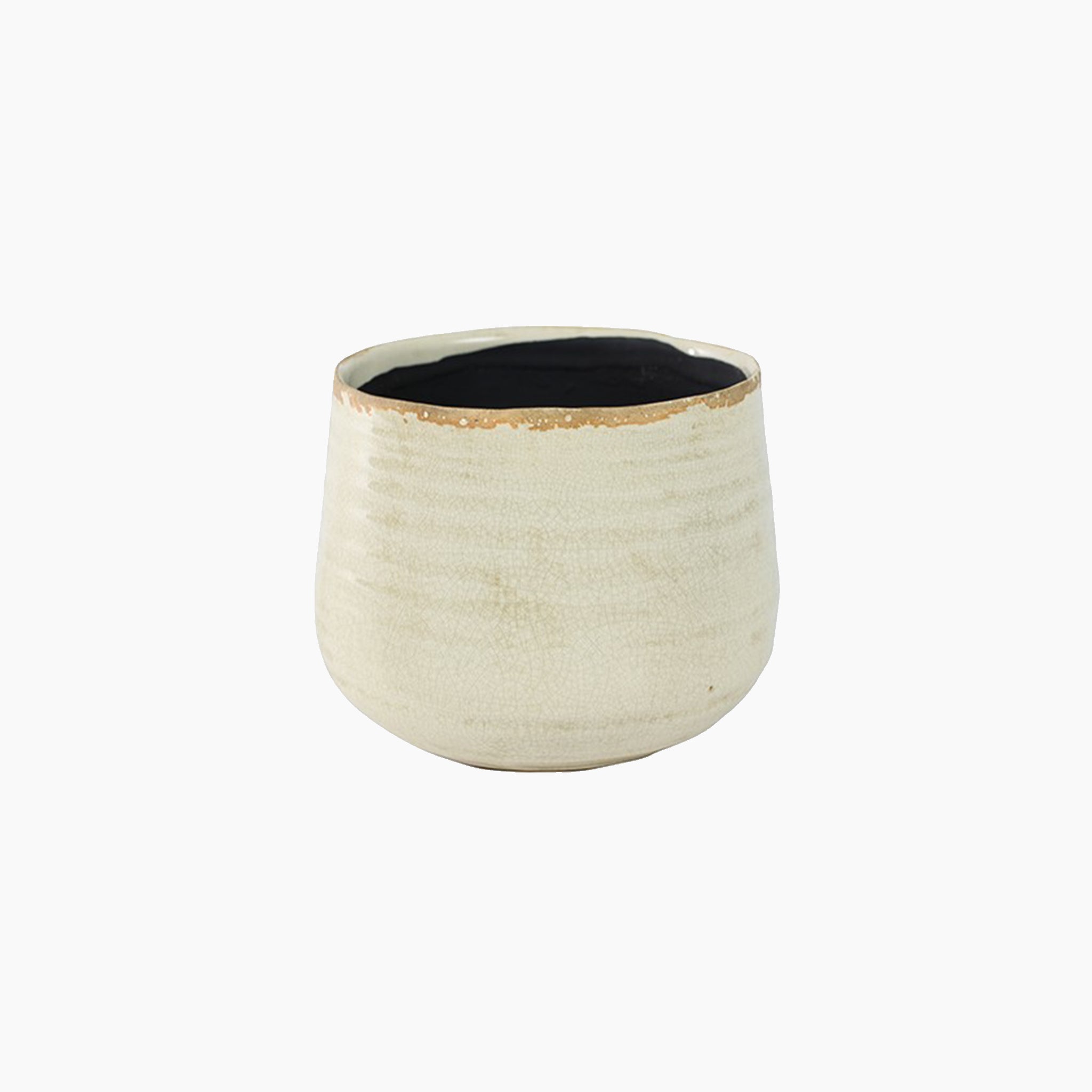 The Ivyline - Pot Como in Ivory is a small, round, cream-colored ceramic planter featuring a textured surface with a premium glaze and a smooth, dark interior.