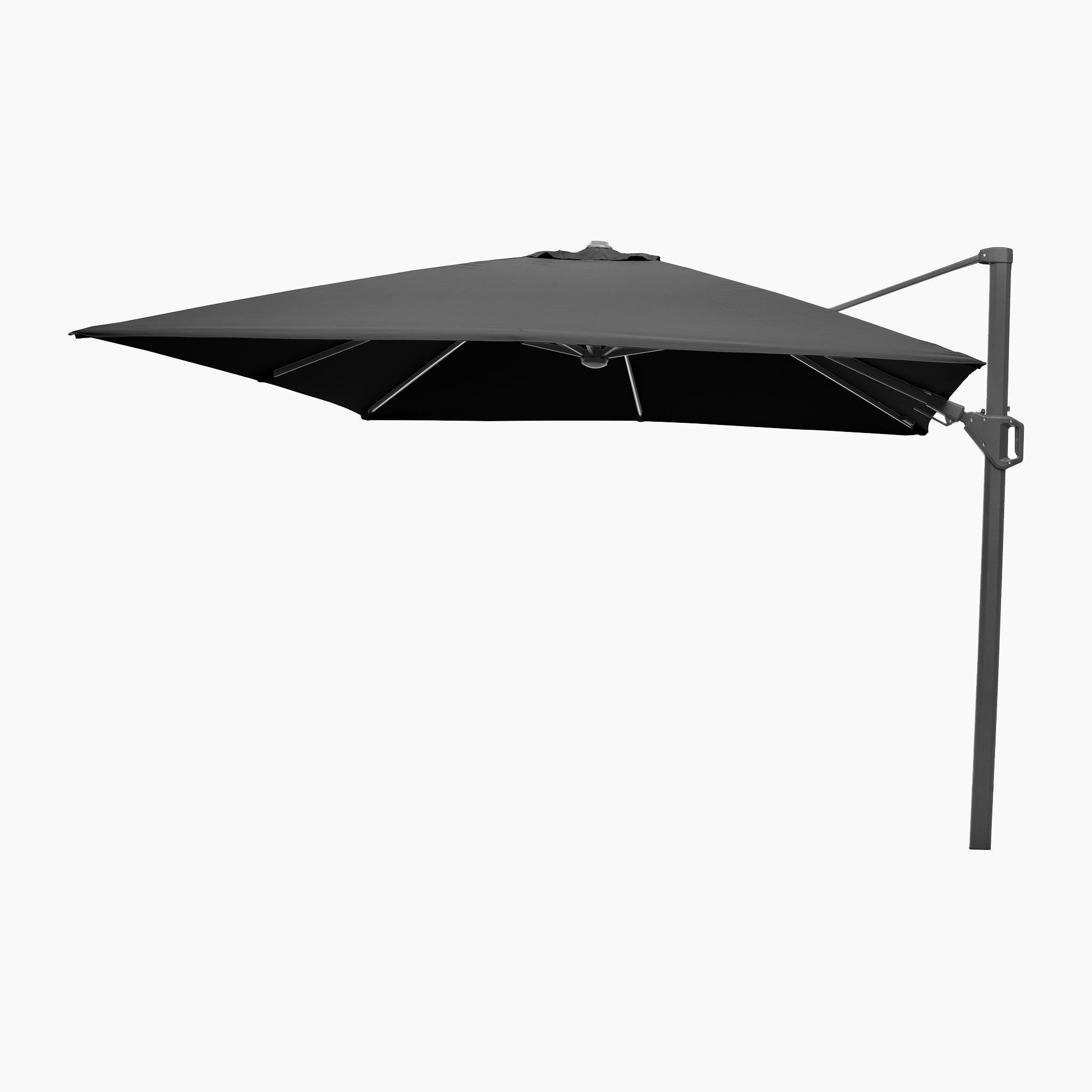 The Glow Challenger T2 3m Square Cantilever Parasol in Anthracite features a modern side pole and angular canopy—its sleek LED design is ideal for stylish evening gatherings on your patio.