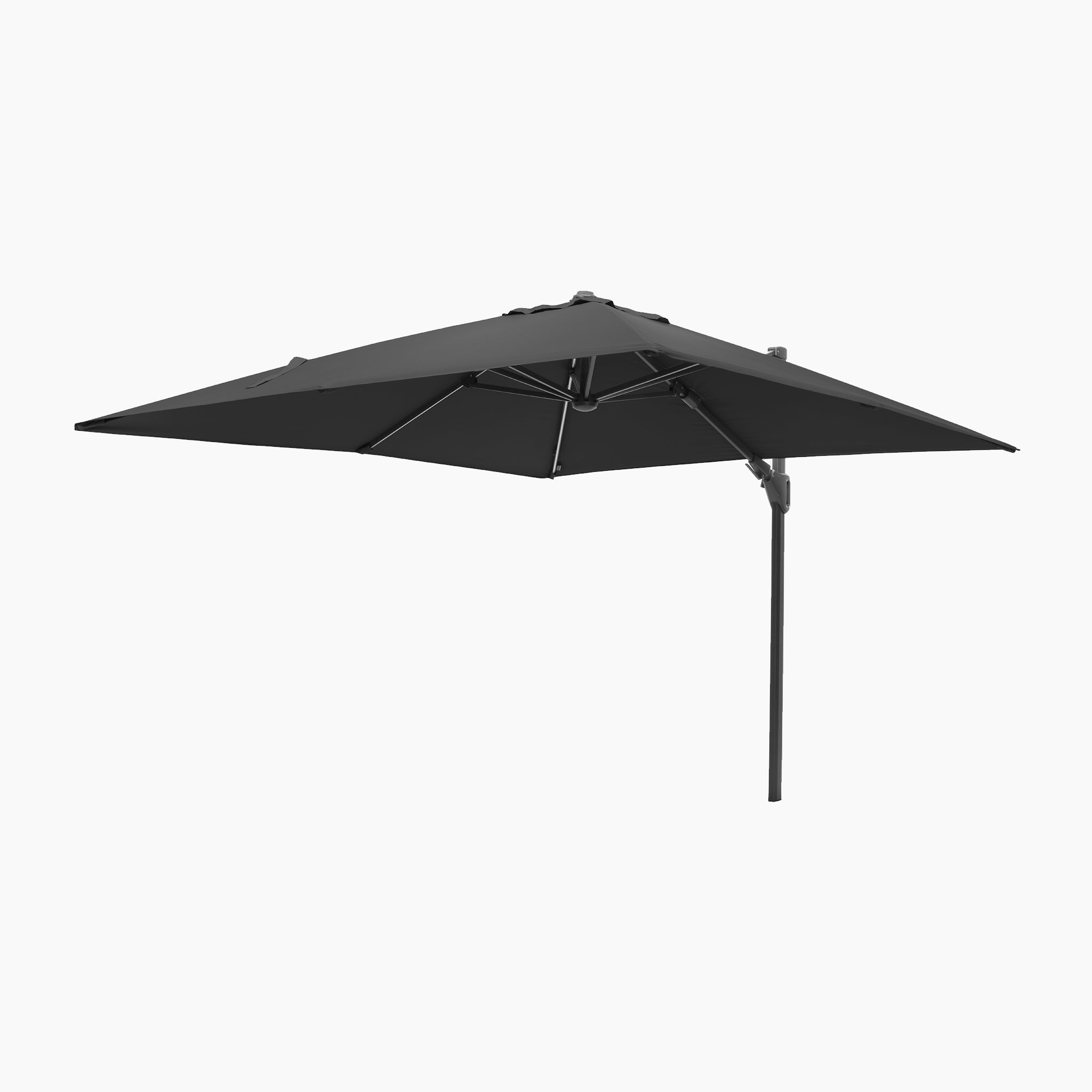The Glow Challenger T2 3m Square Cantilever Parasol in Anthracite features a large black LED umbrella with a side pole and powder-coated aluminium frame, shown on a white background.