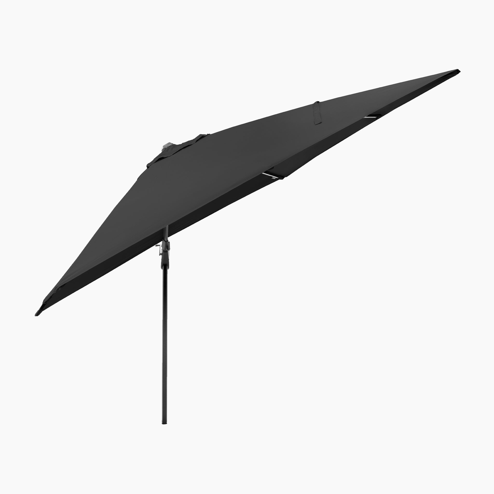 The Glow Challenger T2 3m Square Cantilever Parasol in Anthracite, with its large black powder-coated aluminium frame, is shown tilted at an angle against a plain white background.