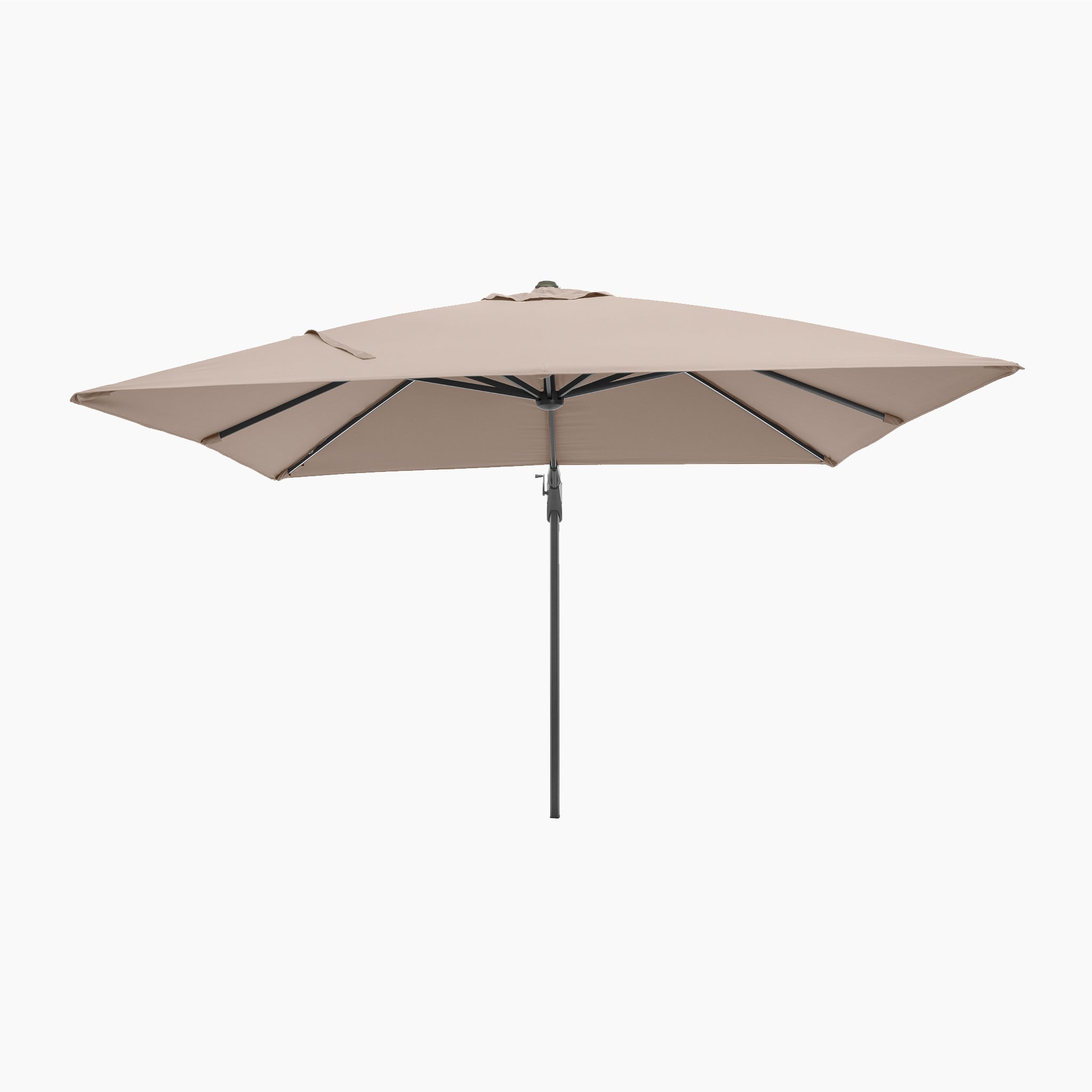 Glow Challenger T2 3m Square Cantilever Parasol in Taupe, shown fully opened with a black pole and viewed from the side against a white background.