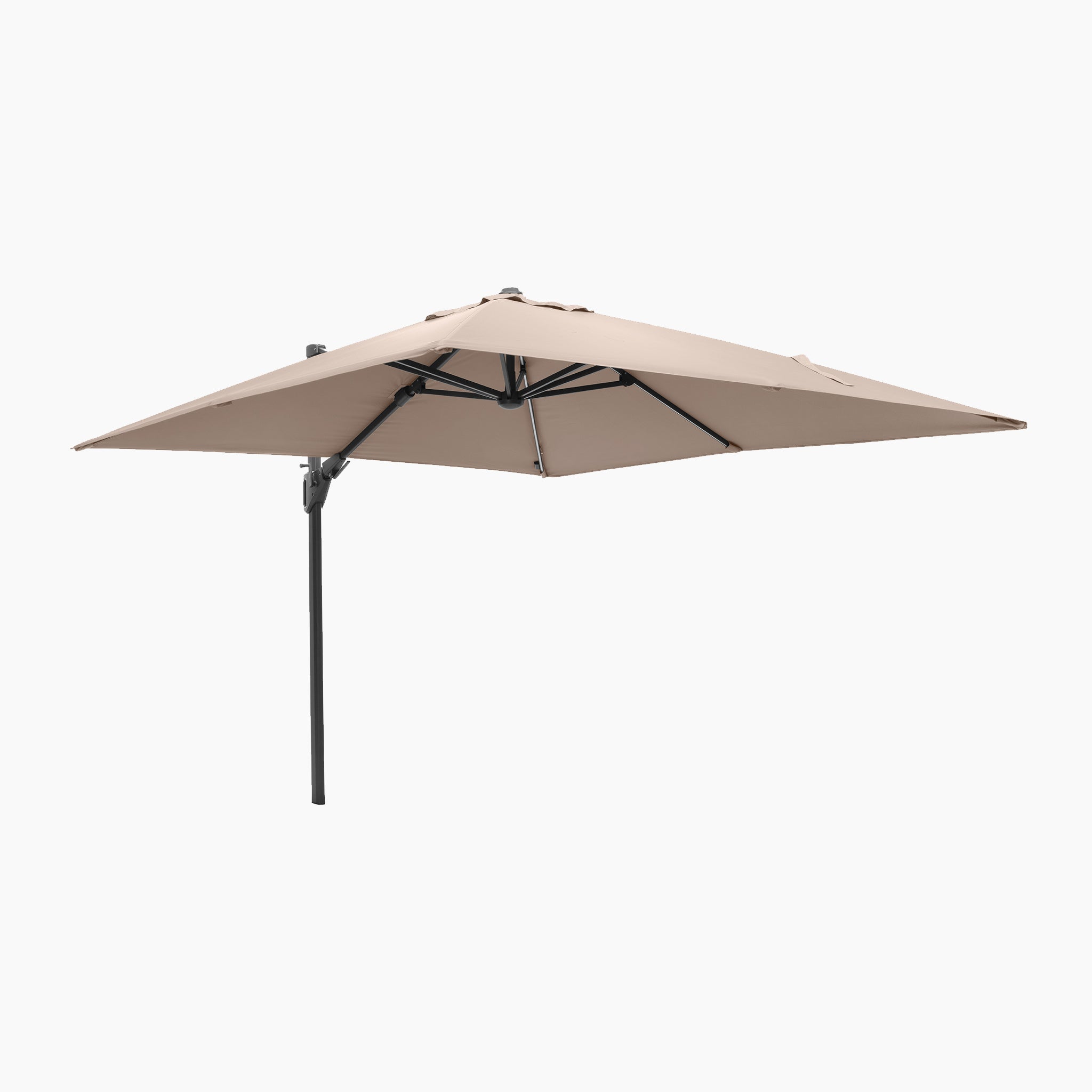 The Glow Challenger T2 3m Square Cantilever Parasol in Taupe, featuring a side pole and black frame, is opened against a white background.