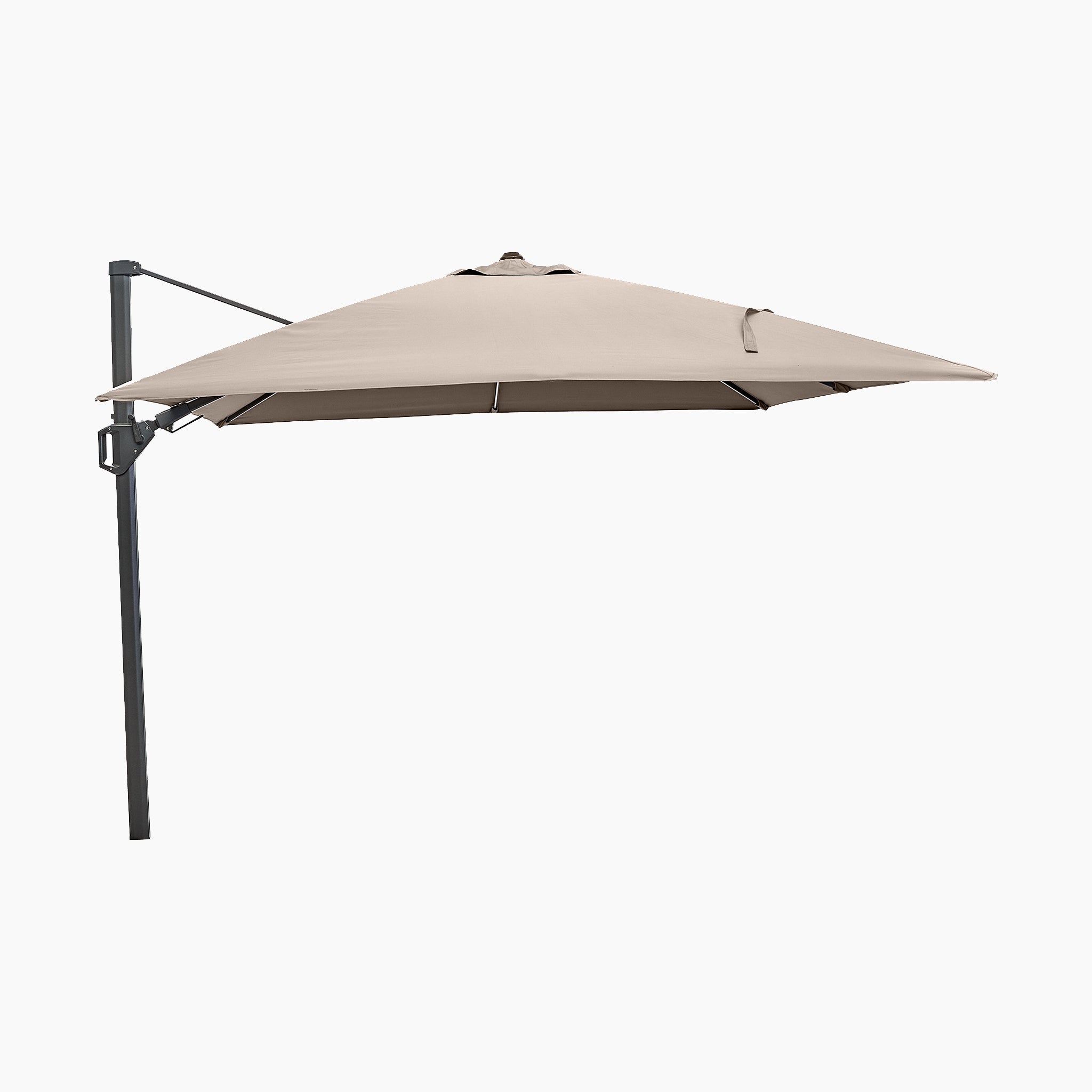 Glow Challenger T2 3m Square Cantilever Parasol in Taupe with a dark stand, fully open against a white background.