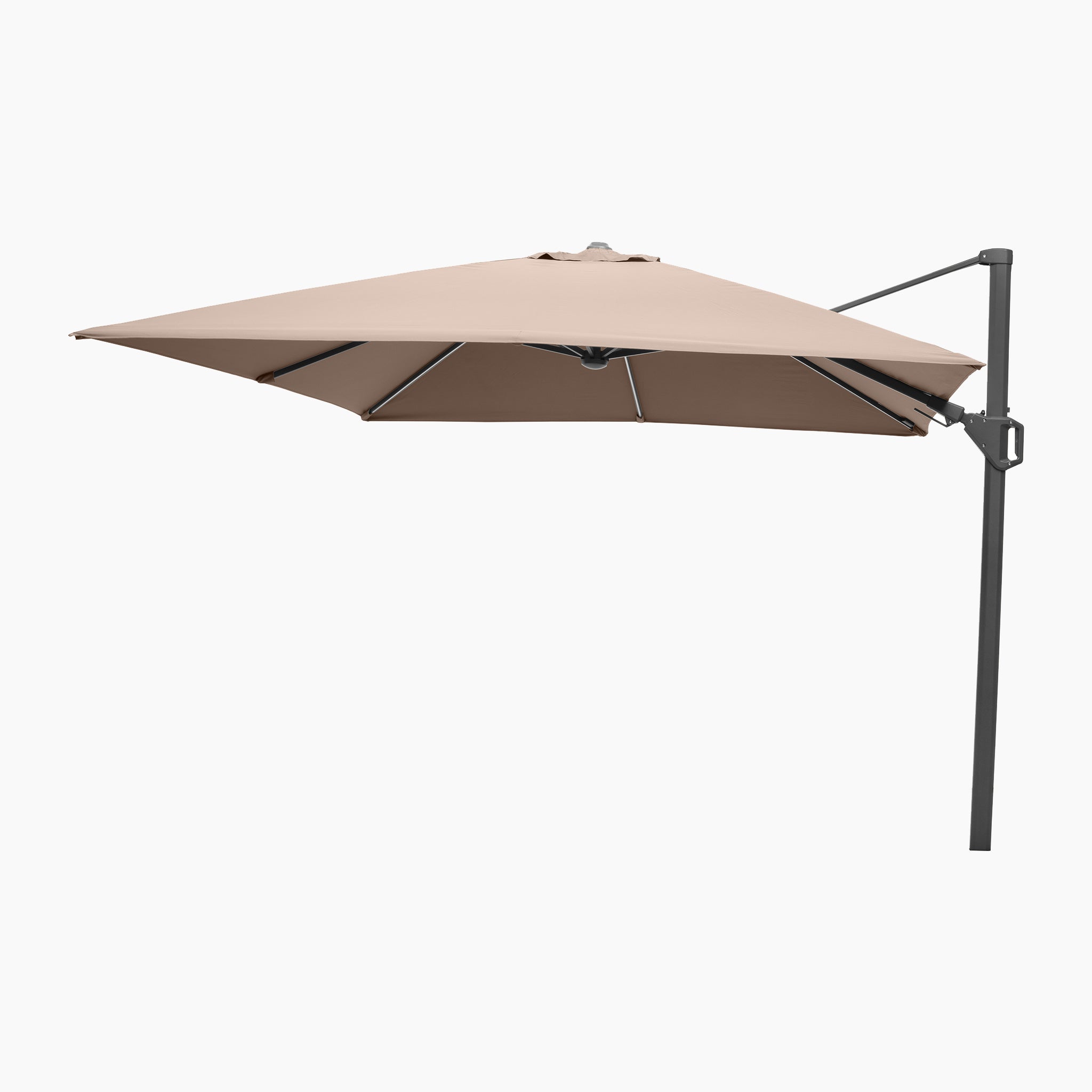 The Glow Challenger T2 3m Square Cantilever Parasol in Taupe features a premium design with a black pole, shown open against a white background.