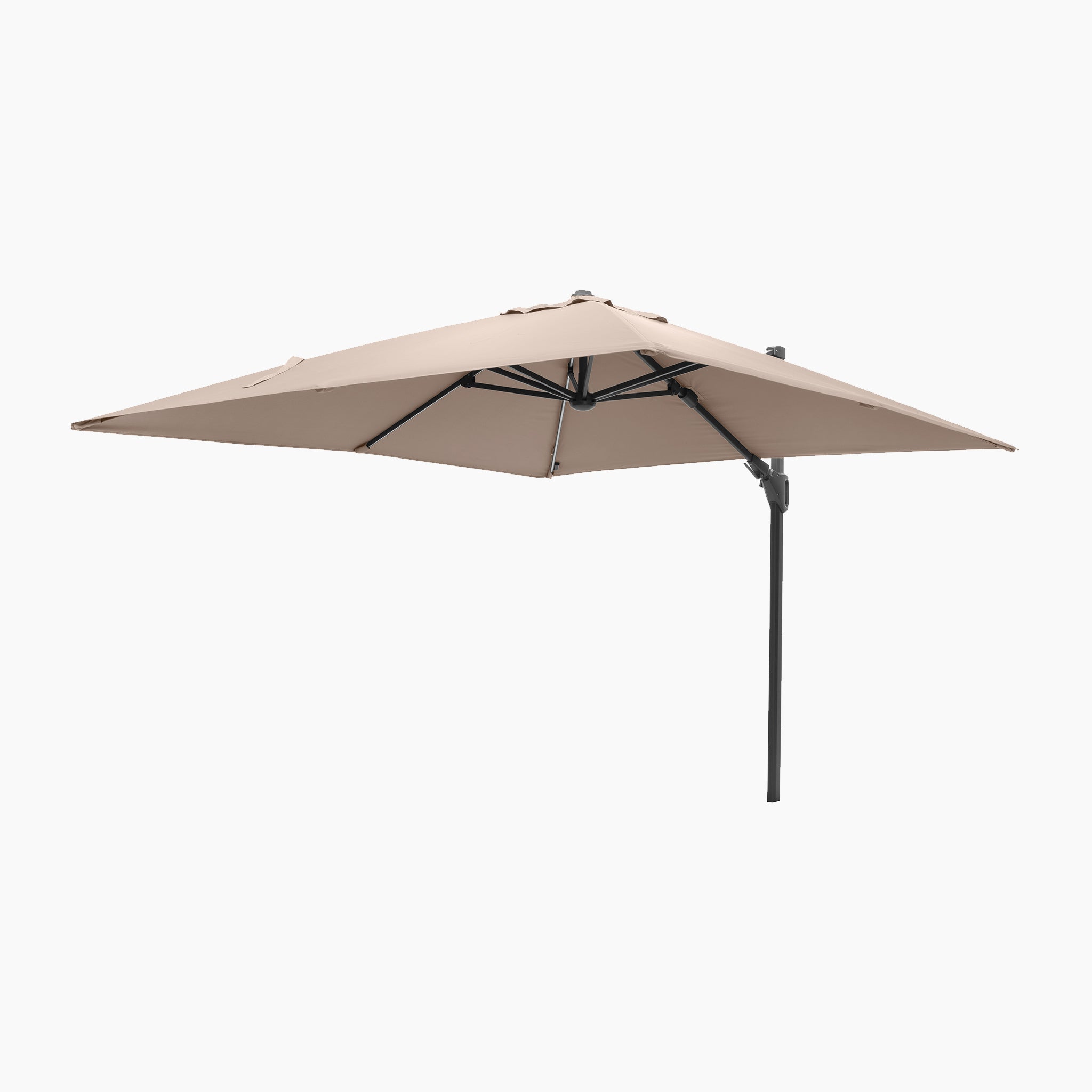 The Glow Challenger T2 3m Square Cantilever Parasol in Taupe features a premium design with a square canopy on a dark metal stand, shown against a white background.