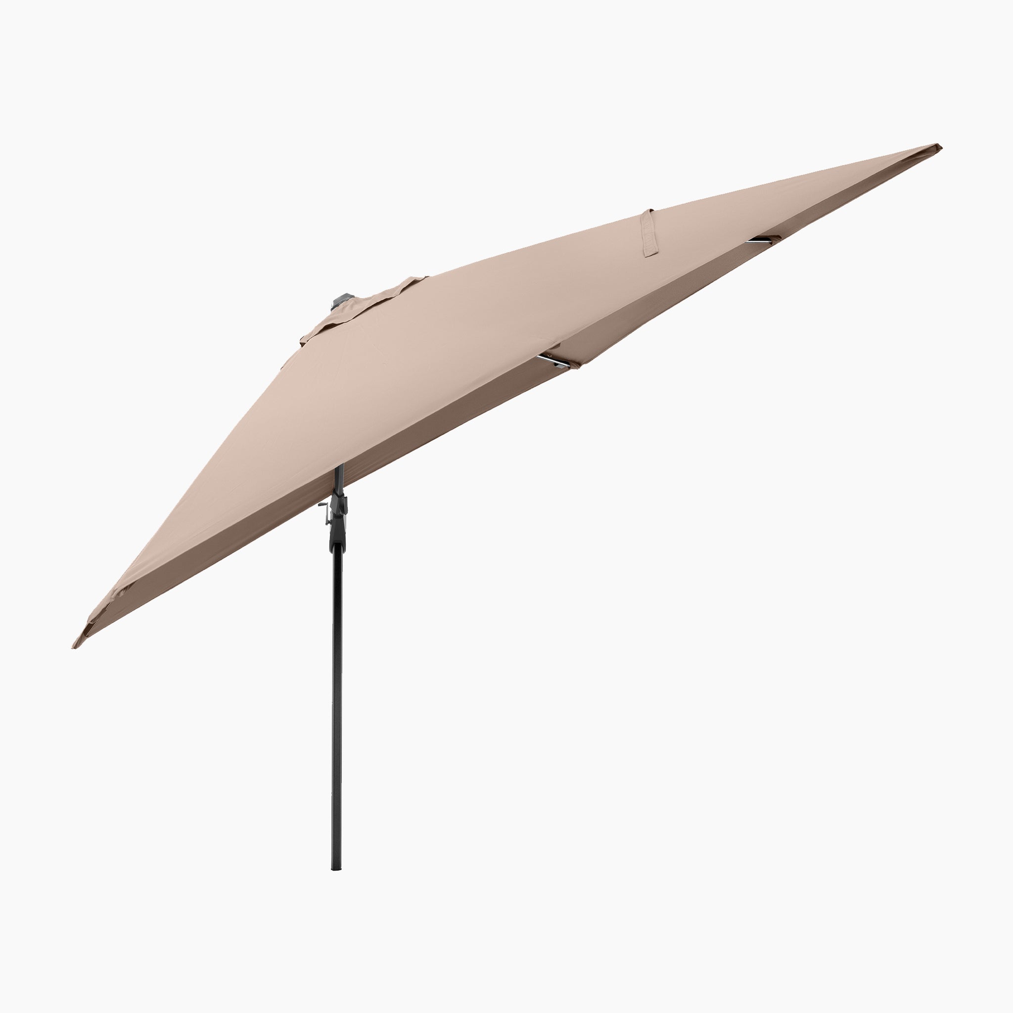 Glow Challenger T2 3m Square Cantilever Parasol in Taupe with a black pole, shown from the side against a white background.