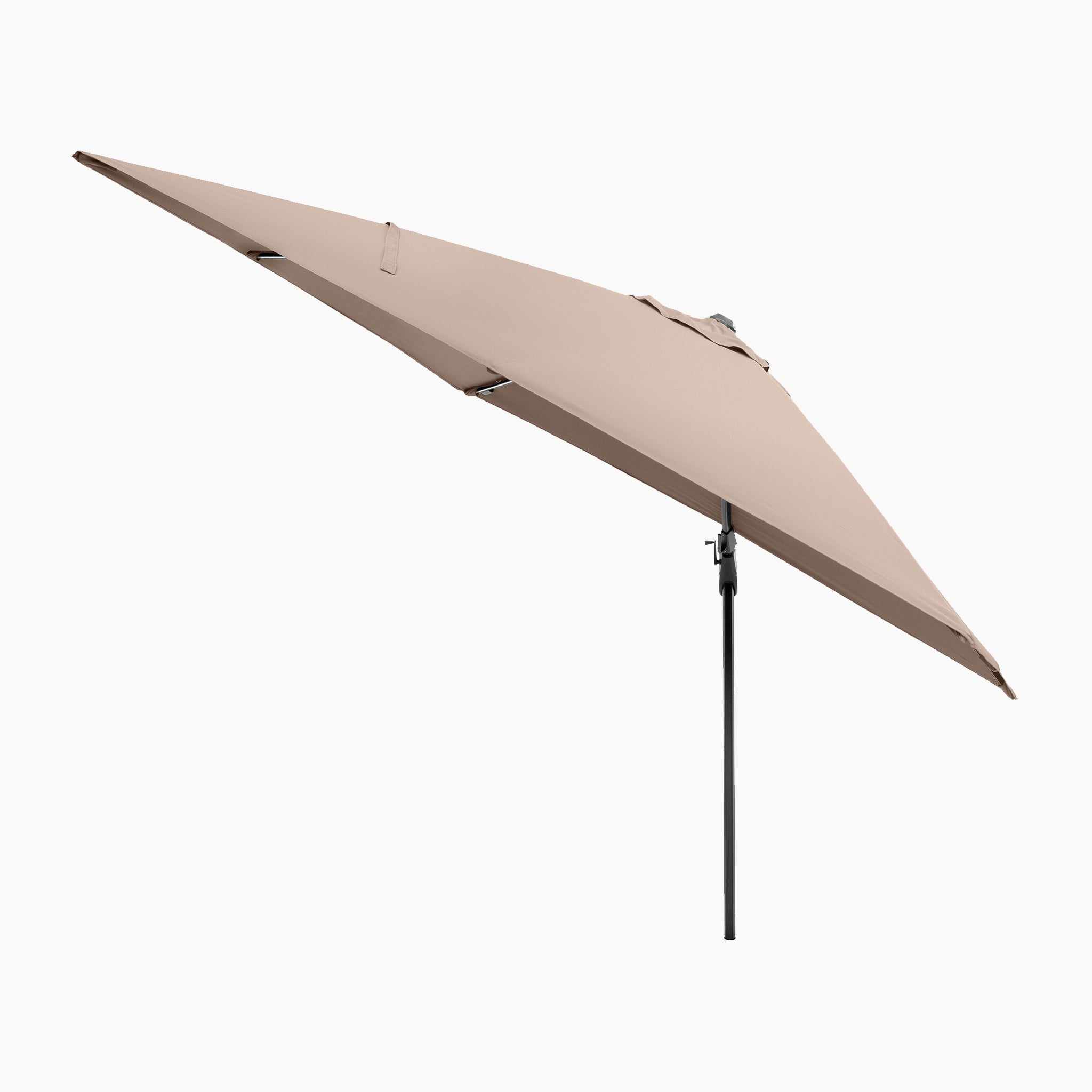 Glow Challenger T2 3m Square Cantilever Parasol in Taupe with black pole, displayed from a side angle on a white background.