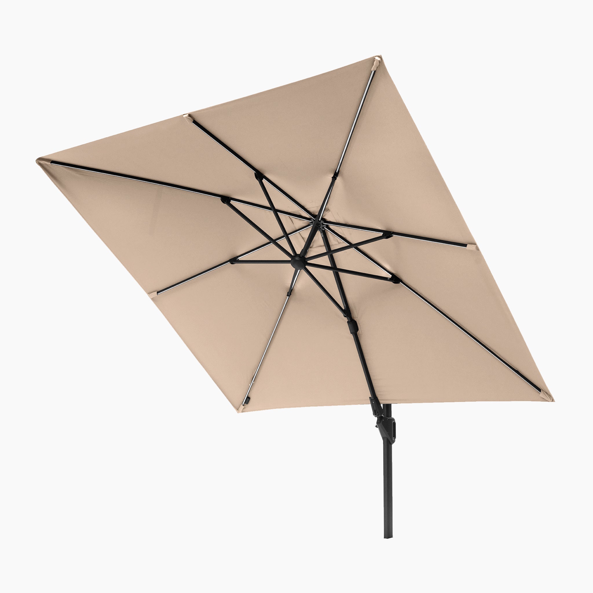 The Glow Challenger T2 3m Square Cantilever Parasol in Taupe features a tan canopy with a black pole and support ribs, shown from below against a white background.