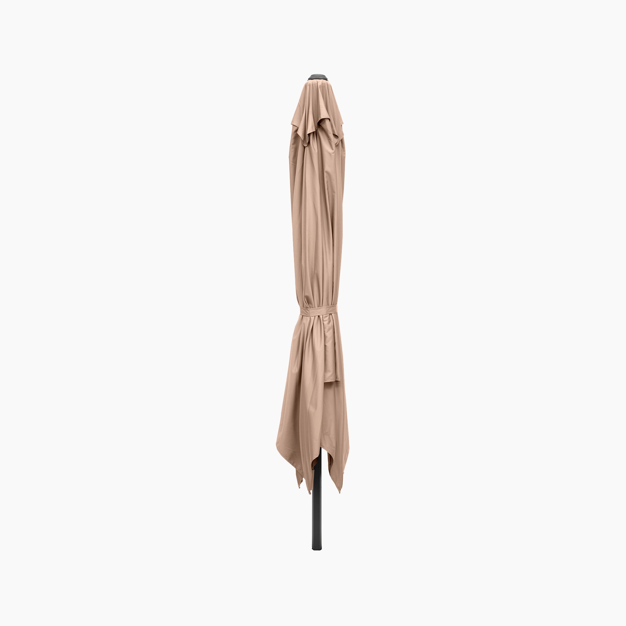 The Glow Challenger T2 3m Square Cantilever Parasol in Taupe features closed, premium fabric gathered around a dark pole, shown against a white background.