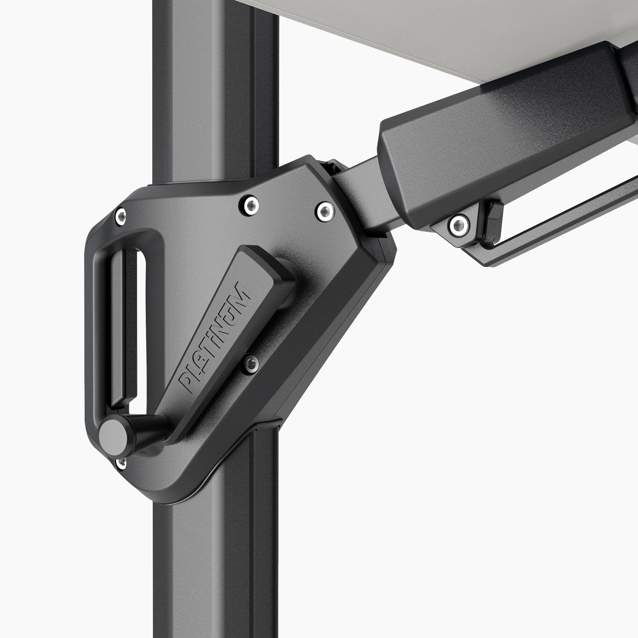 Close-up of a black mechanical hinge with "PLATINUM" text connecting two metal bars, part of the Glow Challenger T2 3m Square Cantilever Parasol in Taupe.