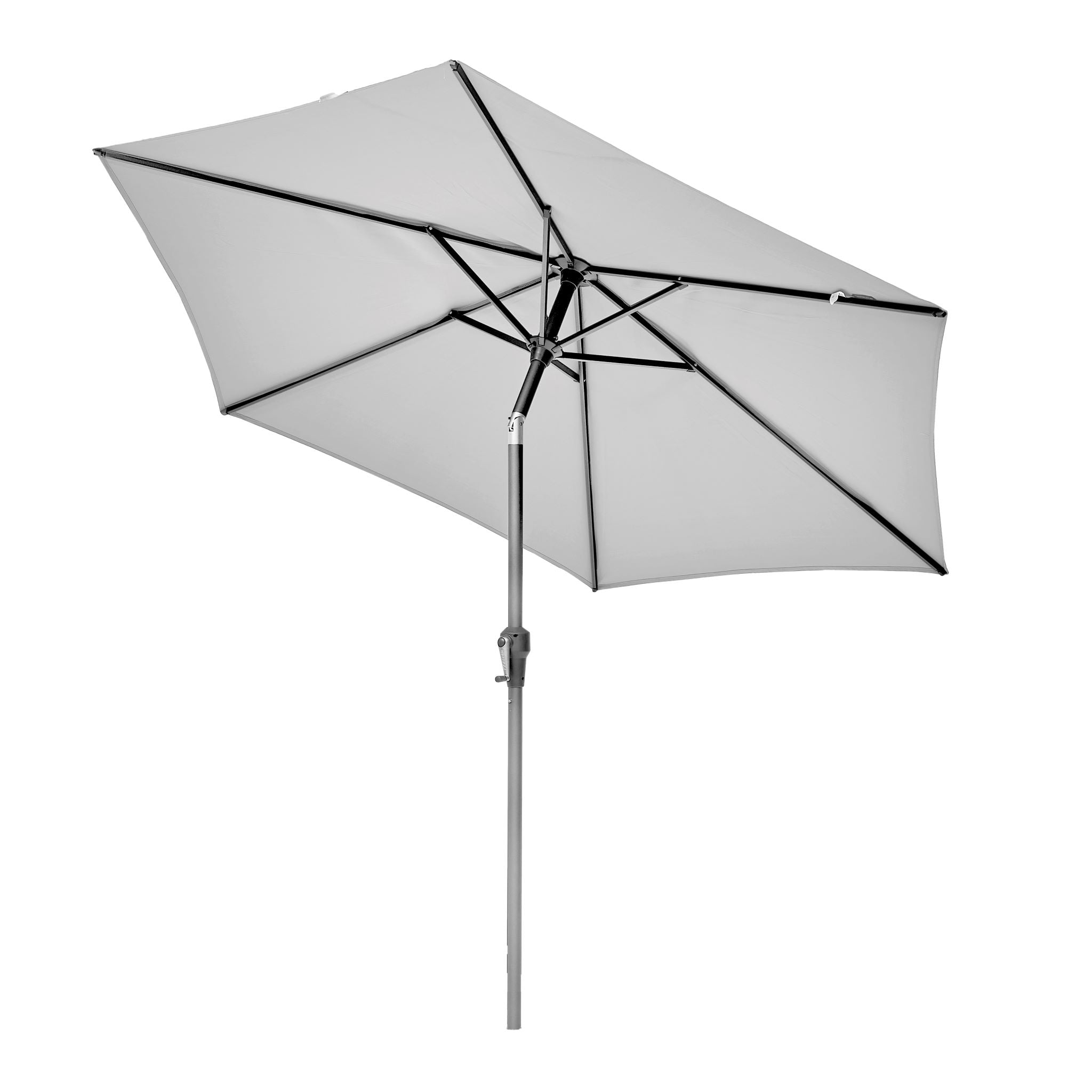 The Riva 3m Round Grey Parasol by Pacific Lifestyle showcases a durable powder-coated aluminum frame and UV protection, set against a plain white background.