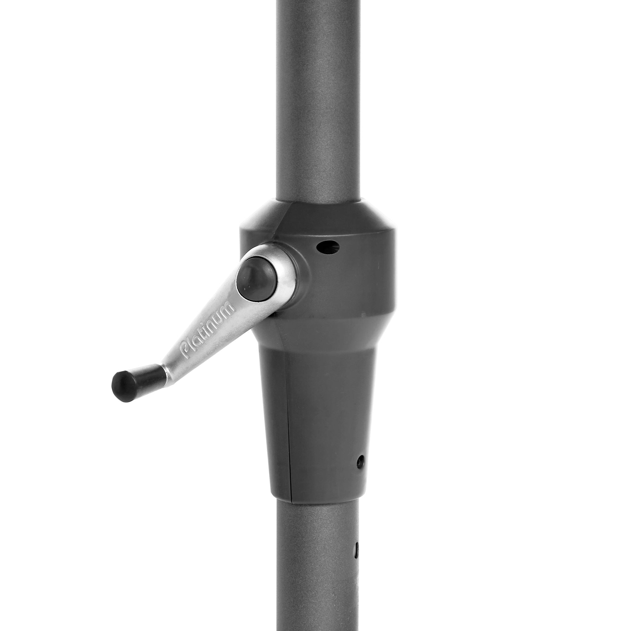 Close-up of the Pacific Lifestyle Riva 3.5m Round Anthracite Parasol featuring a black and silver adjustable handle on its aluminum frame, isolated on a white background.