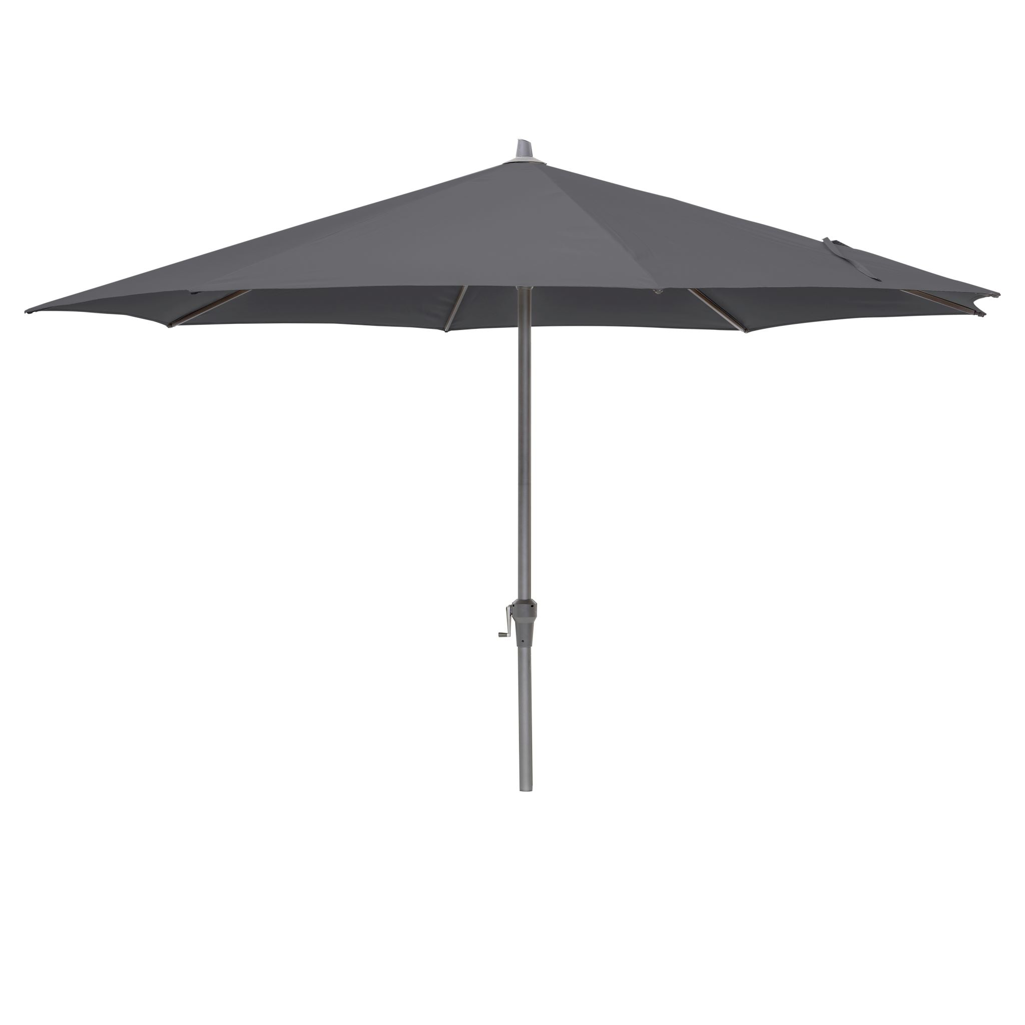 The Pacific Lifestyle Riva 3.5m Round Anthracite Parasol is a large, open gray parasol with an aluminum frame, offering UV protection and featuring a sturdy metal pole.