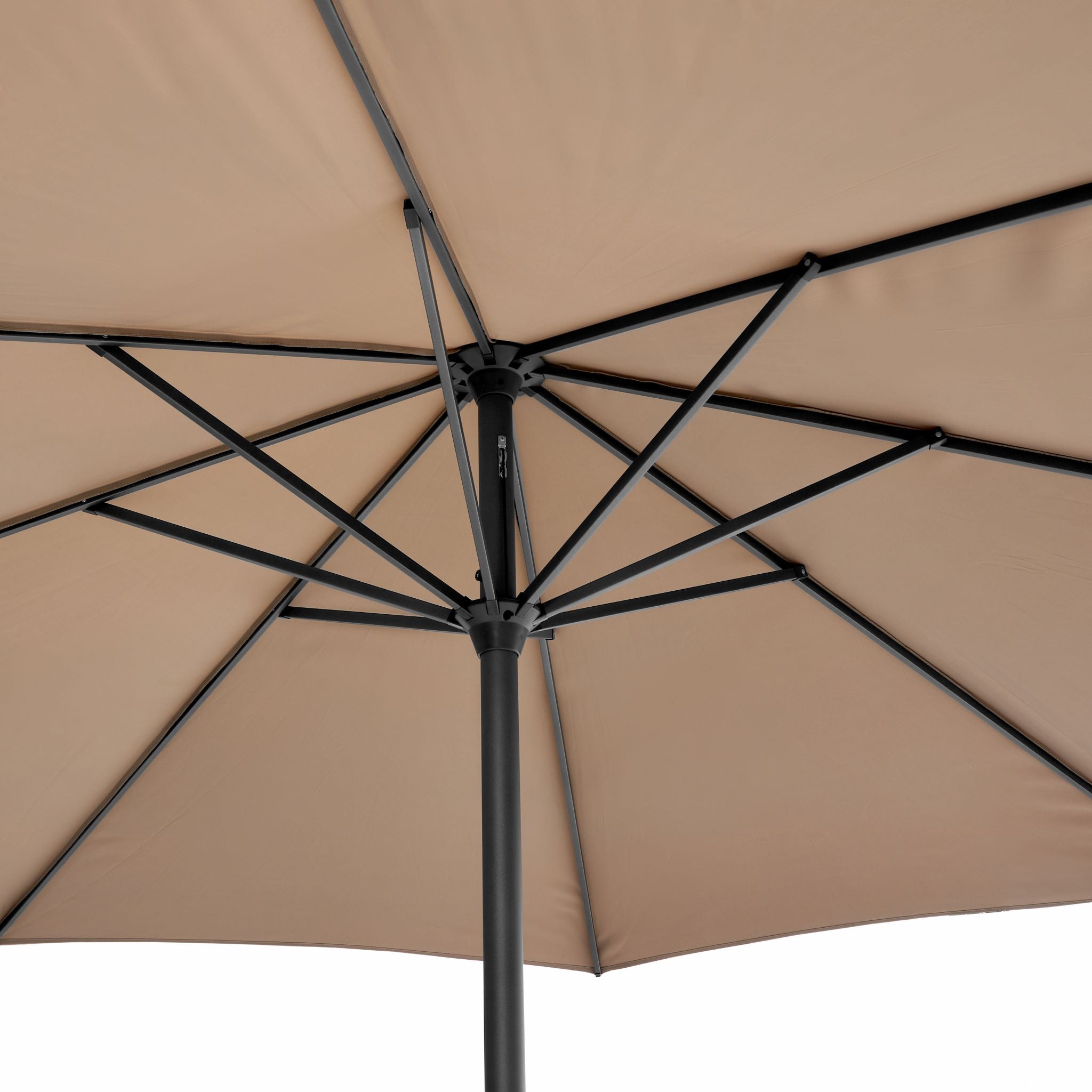 Close-up view of the underside of the Pacific Lifestyle - Riva 3.5m Round Taupe Parasol with a powder-coated aluminum frame and pole, offering excellent UV protection.