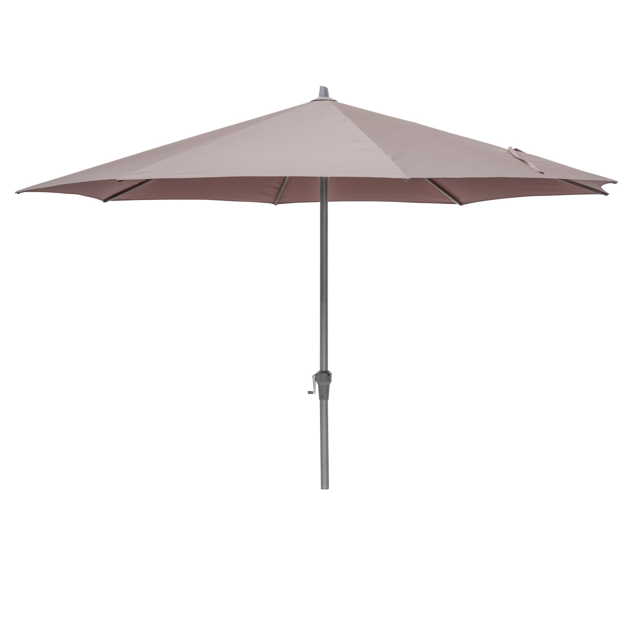 The Pacific Lifestyle Riva 3.5m Round Taupe Parasol, with a powder-coated aluminum frame and center-pole design, is fully open against a white background, offering enhanced UV protection.